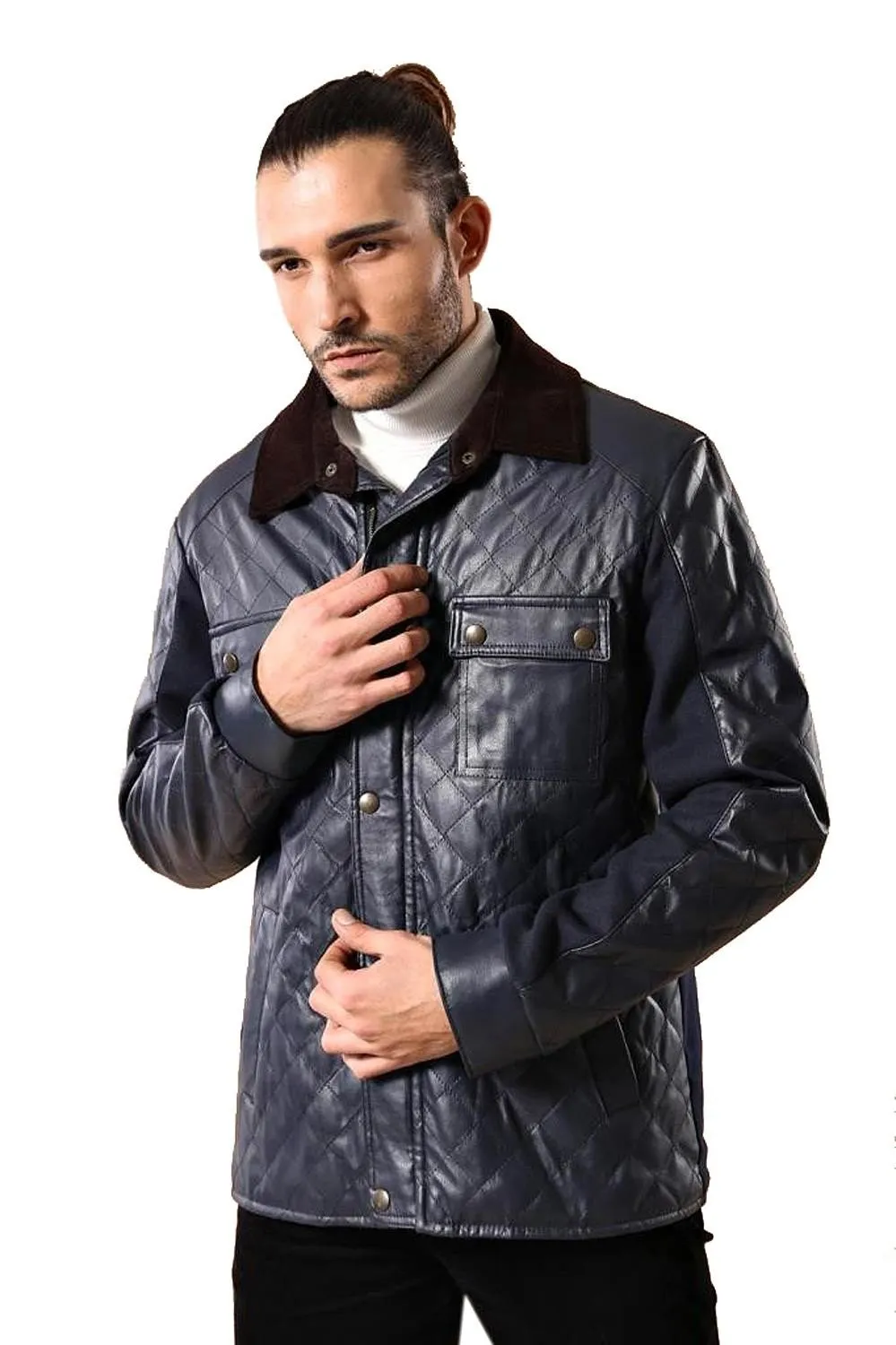 15537 Navy Blue Leather Look Jacket