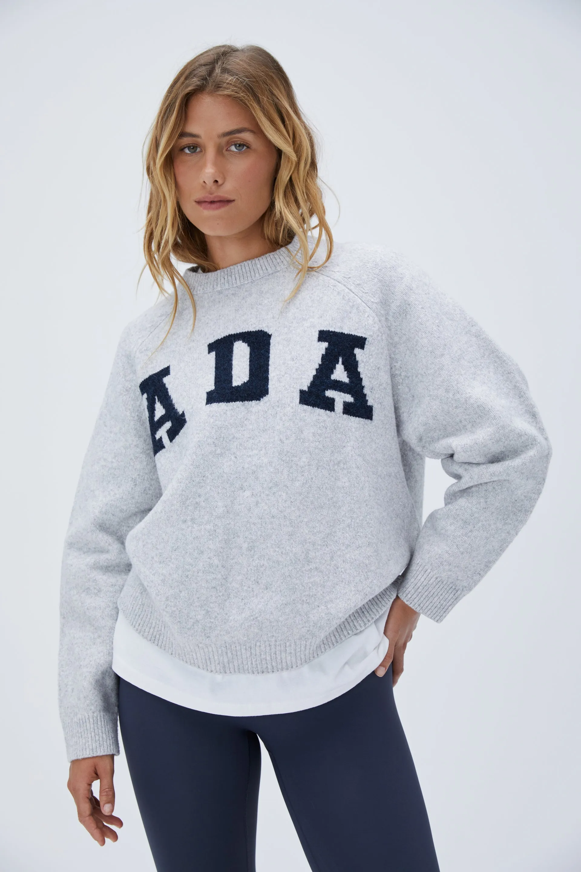 ADA Oversized Knit Sweatshirt - Light Grey Melange/Navy Blue