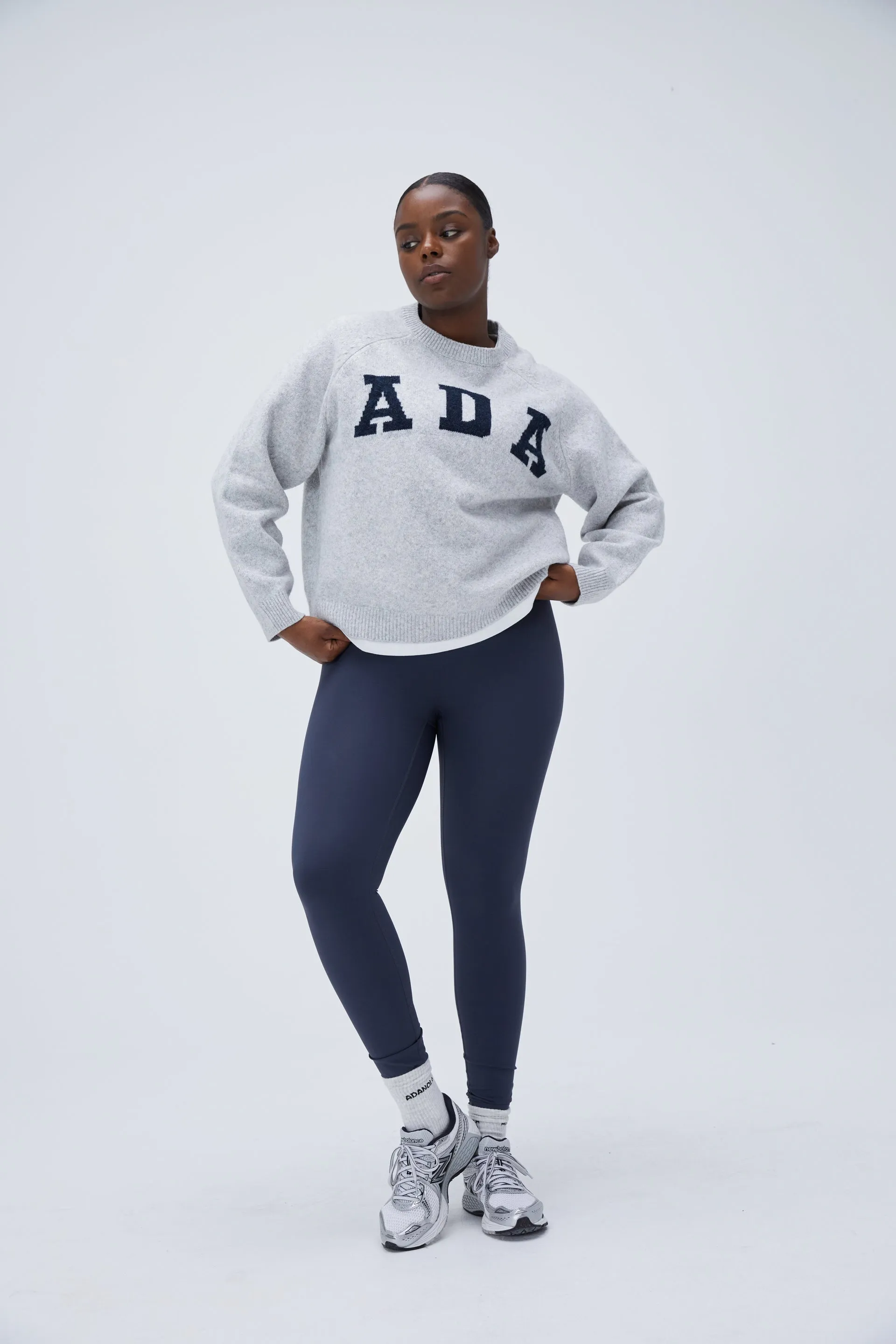 ADA Oversized Knit Sweatshirt - Light Grey Melange/Navy Blue