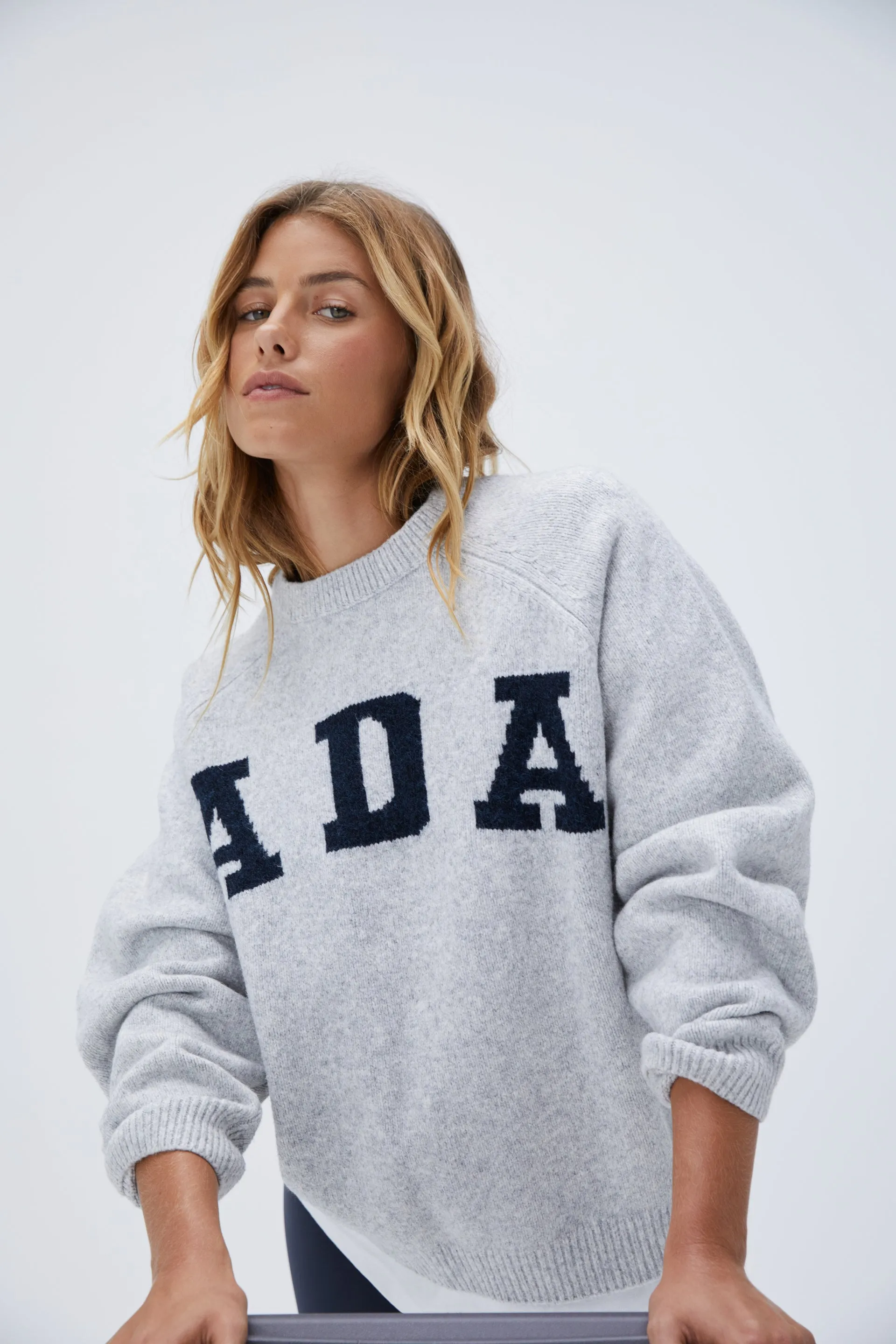 ADA Oversized Knit Sweatshirt - Light Grey Melange/Navy Blue