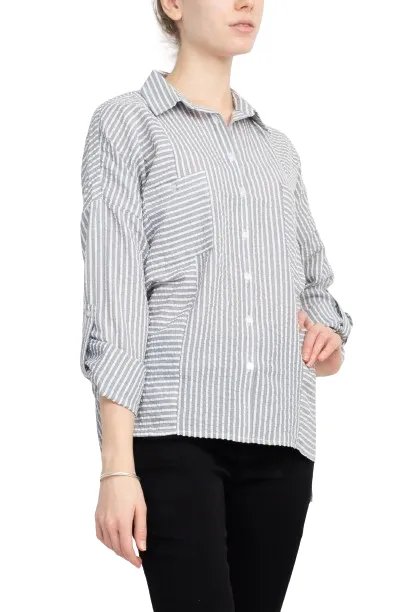 Adyson Parker Collared Button Down 2 Way Sleeve Pockets High Low Hem Polyester Shirt