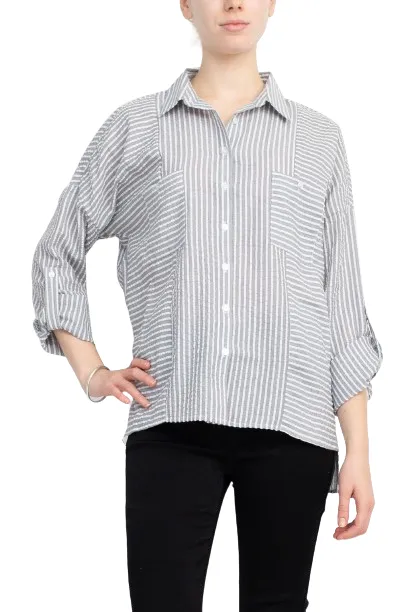 Adyson Parker Collared Button Down 2 Way Sleeve Pockets High Low Hem Polyester Shirt