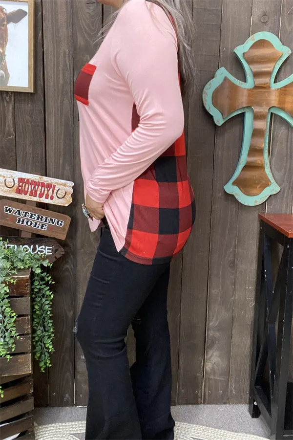 BQ8142 Pink long sleeve top w/plaid printed back women tops