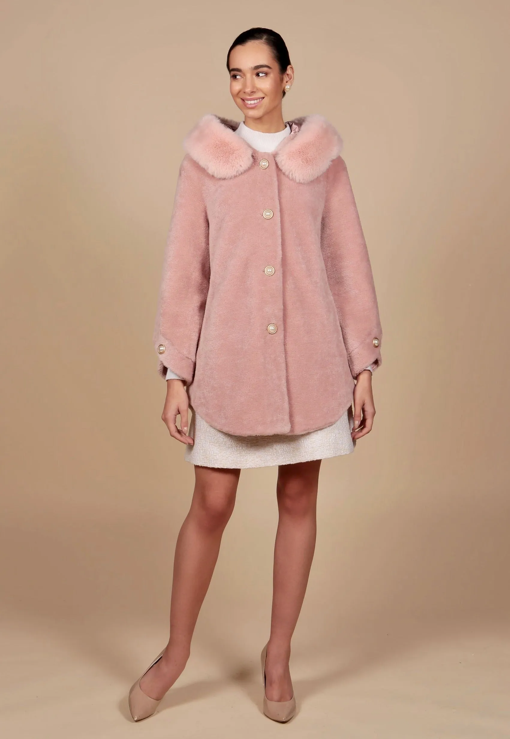 'Caron' Wool Coat with Hood in Rosa