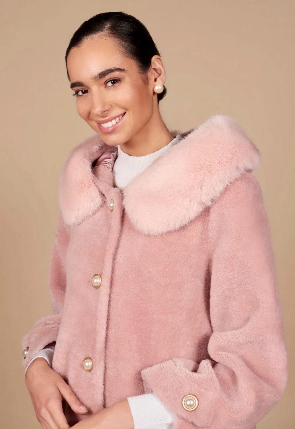 'Caron' Wool Coat with Hood in Rosa