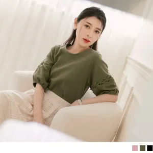 CASUAL HOLLOW OUT PUFF SLEEVE ROUND NECK TOPS