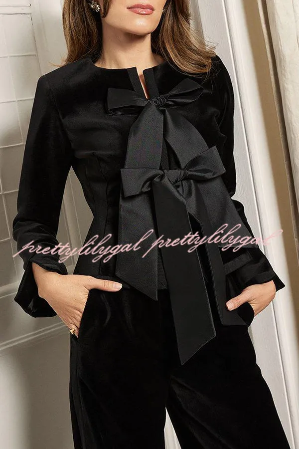 Cue The Cocktails Velvet Tailored Taffeta Bow Detail Peplum Jacket