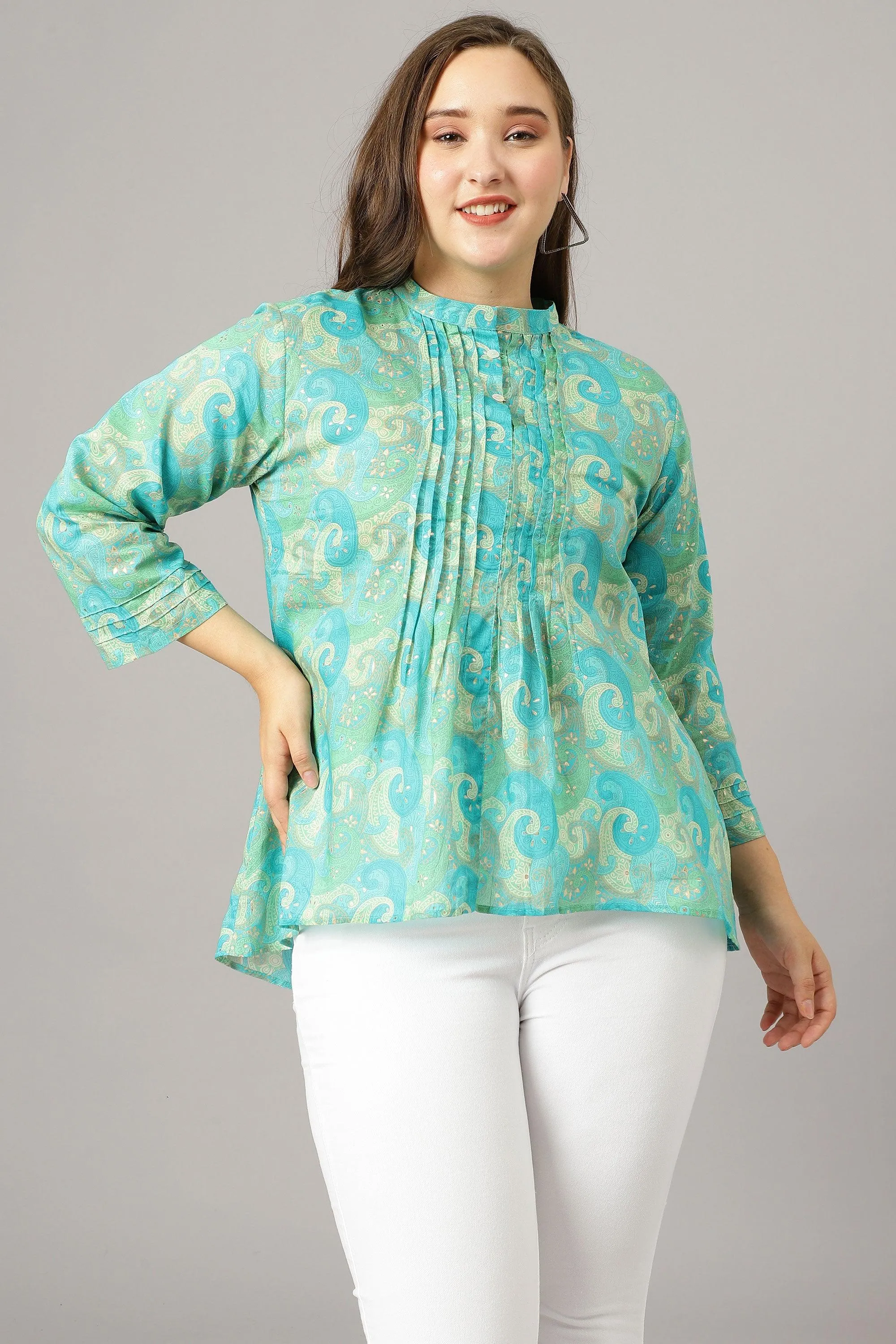 Curvy Lane Women Plus Size Turq Blue Pleated Short Top