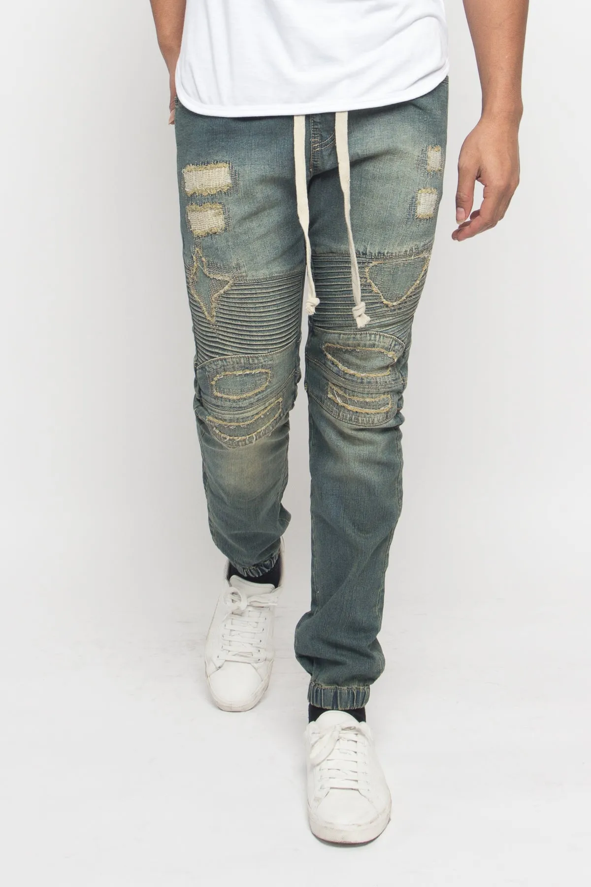 Distressed Biker Denim Jogger Pants