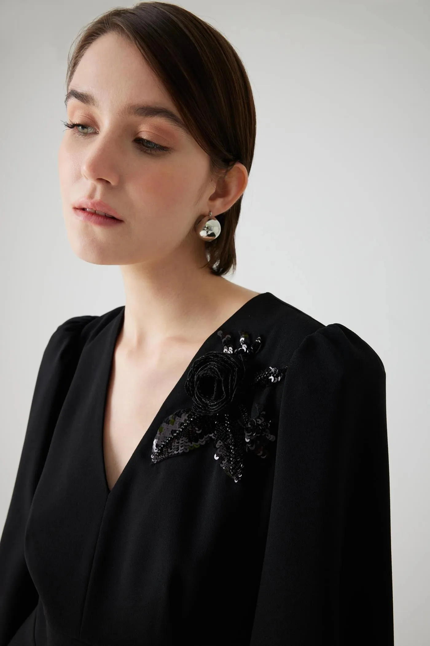 Exquise Austine Black Midi Dress With Sequin Flower Detail