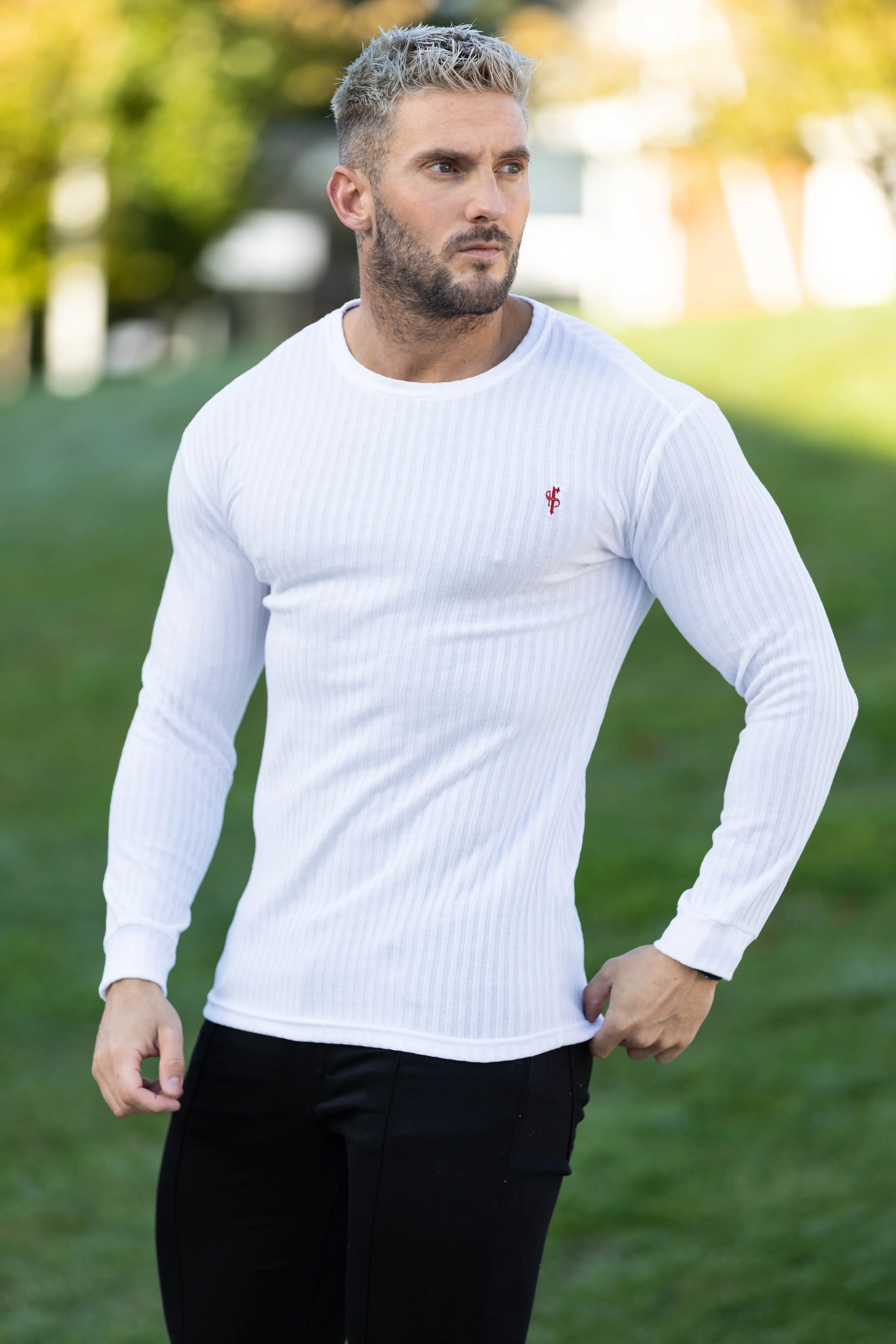 Father Sons Classic White / Red Ribbed Knit Super Slim Crew - FSH771