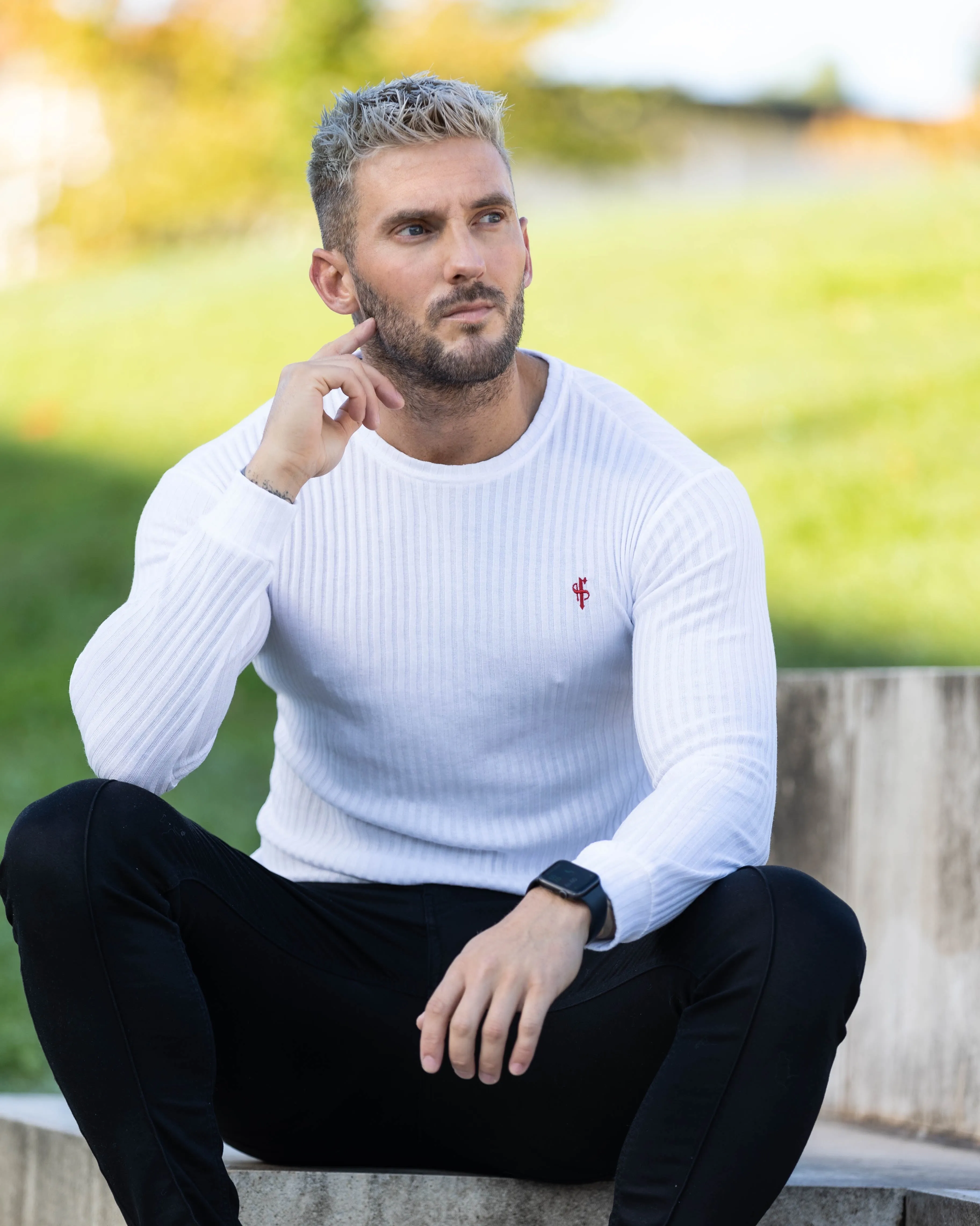 Father Sons Classic White / Red Ribbed Knit Super Slim Crew - FSH771