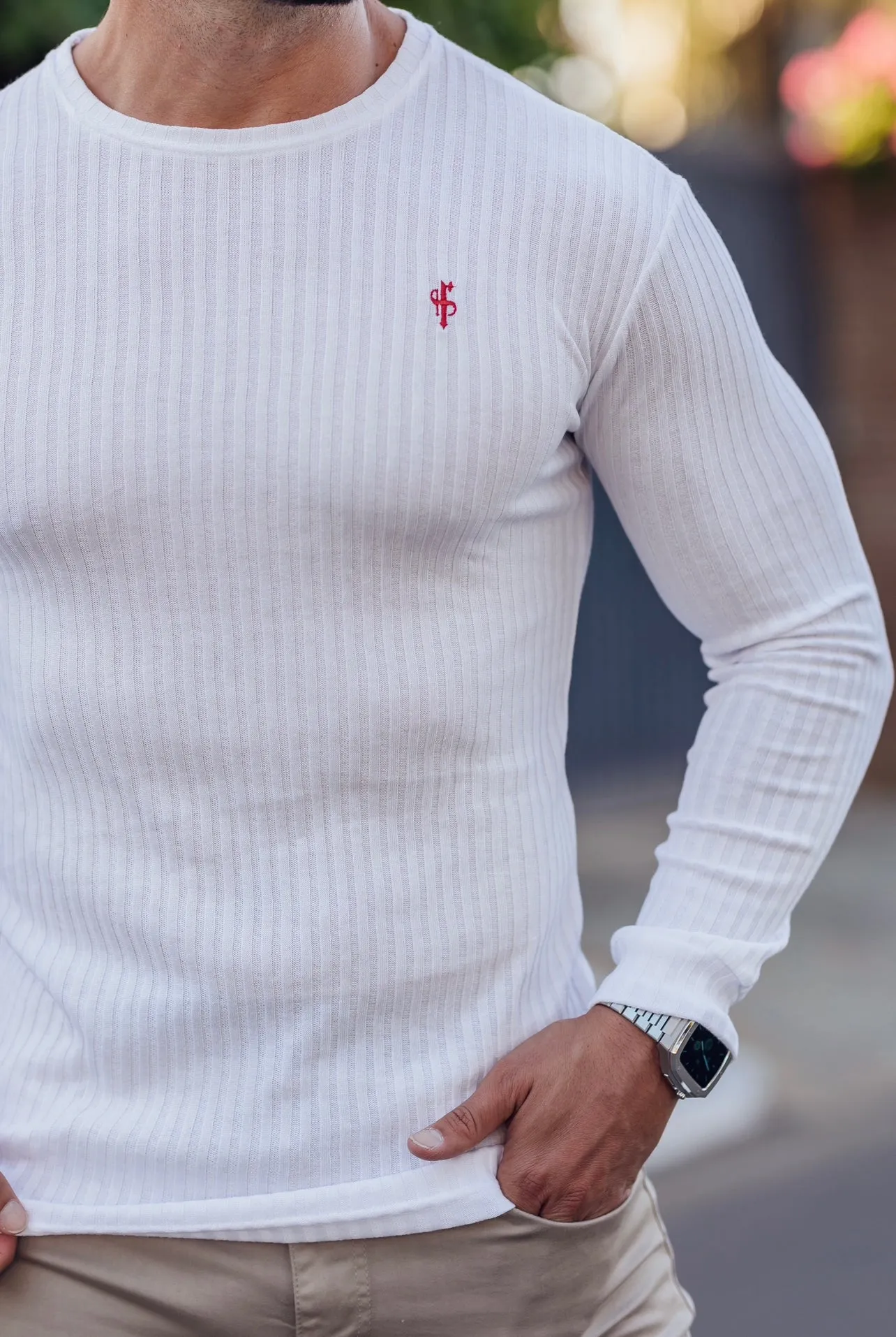 Father Sons Classic White / Red Ribbed Knit Super Slim Crew - FSH771