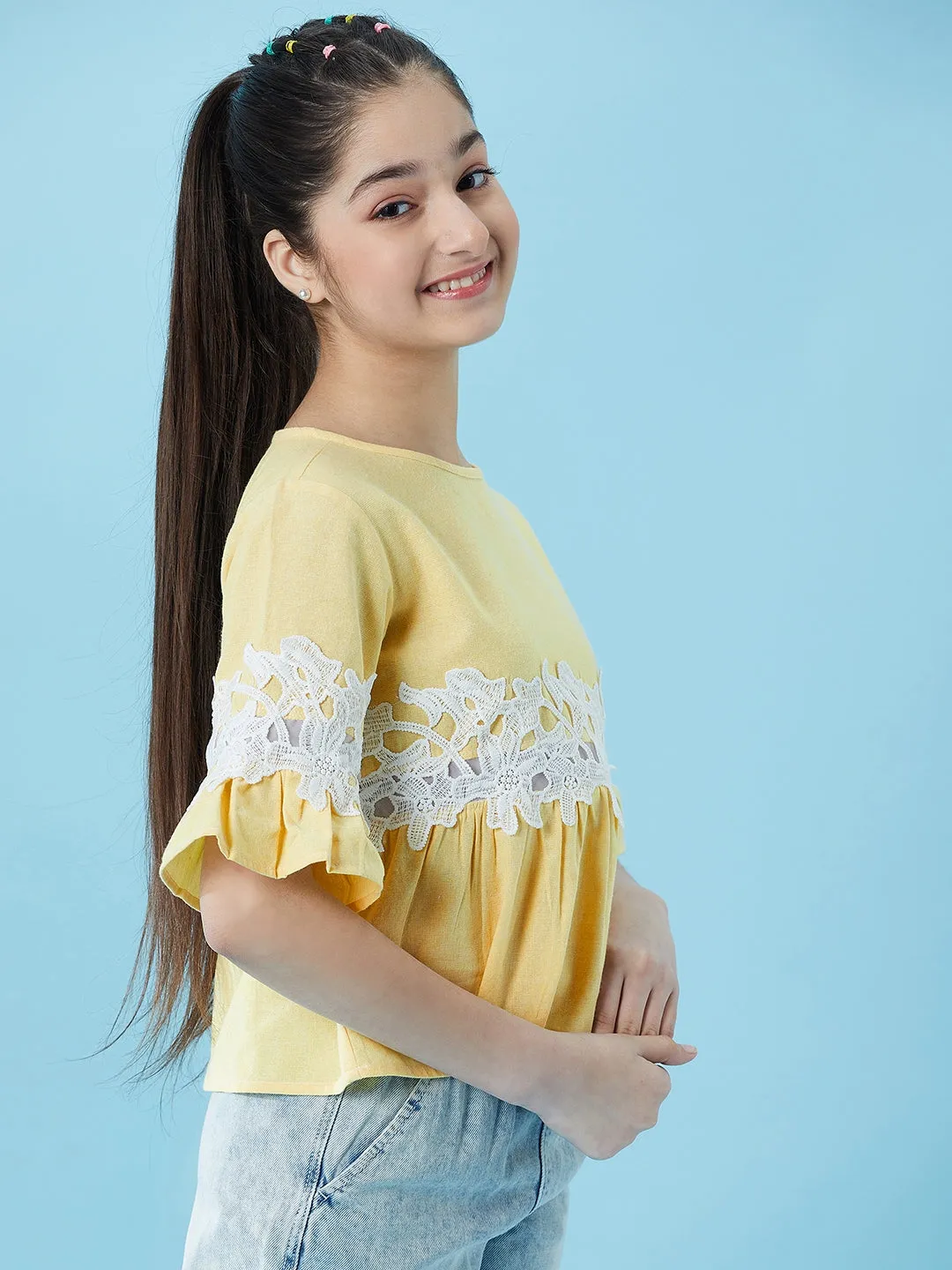 Girls Lace Insert Cotton Peplum Top - Ps Peaches