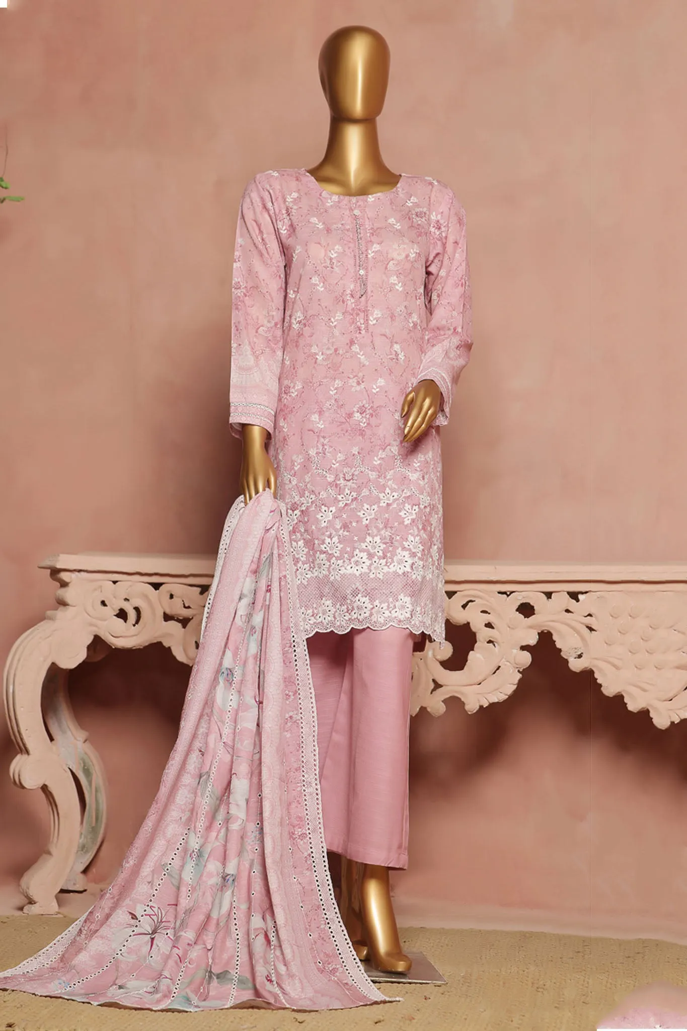 Hz Stitched 3 Piece Emb Chikankari Khaddar Vol-02 Collection'2024-KE-924-Pink