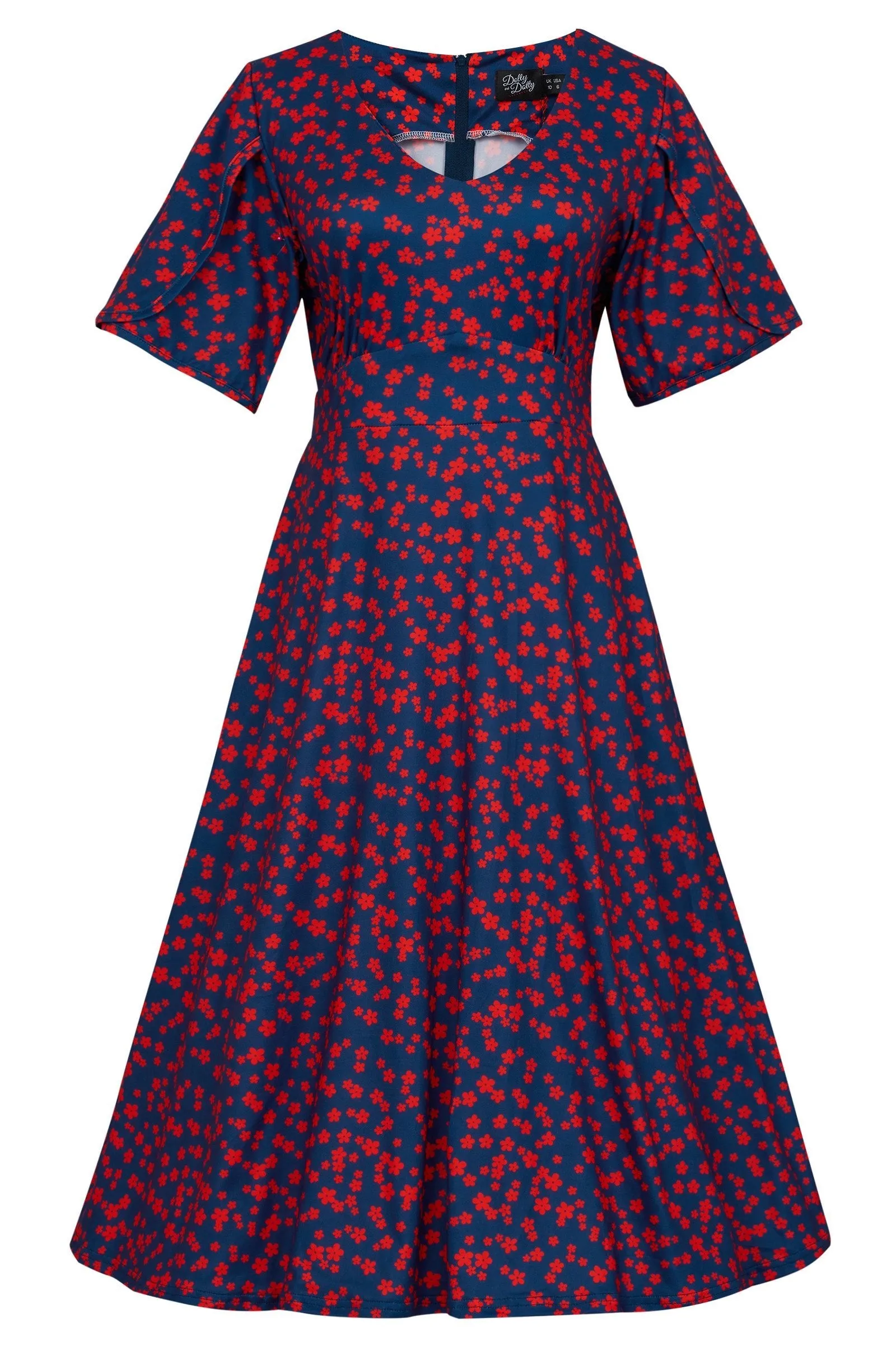 Janice Sleeved Tea Dress in Navy Blue Ditsy Floral Print