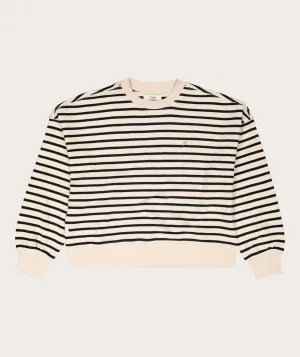 Ladies Crew Neck Stripe Sweater - Milk & Black