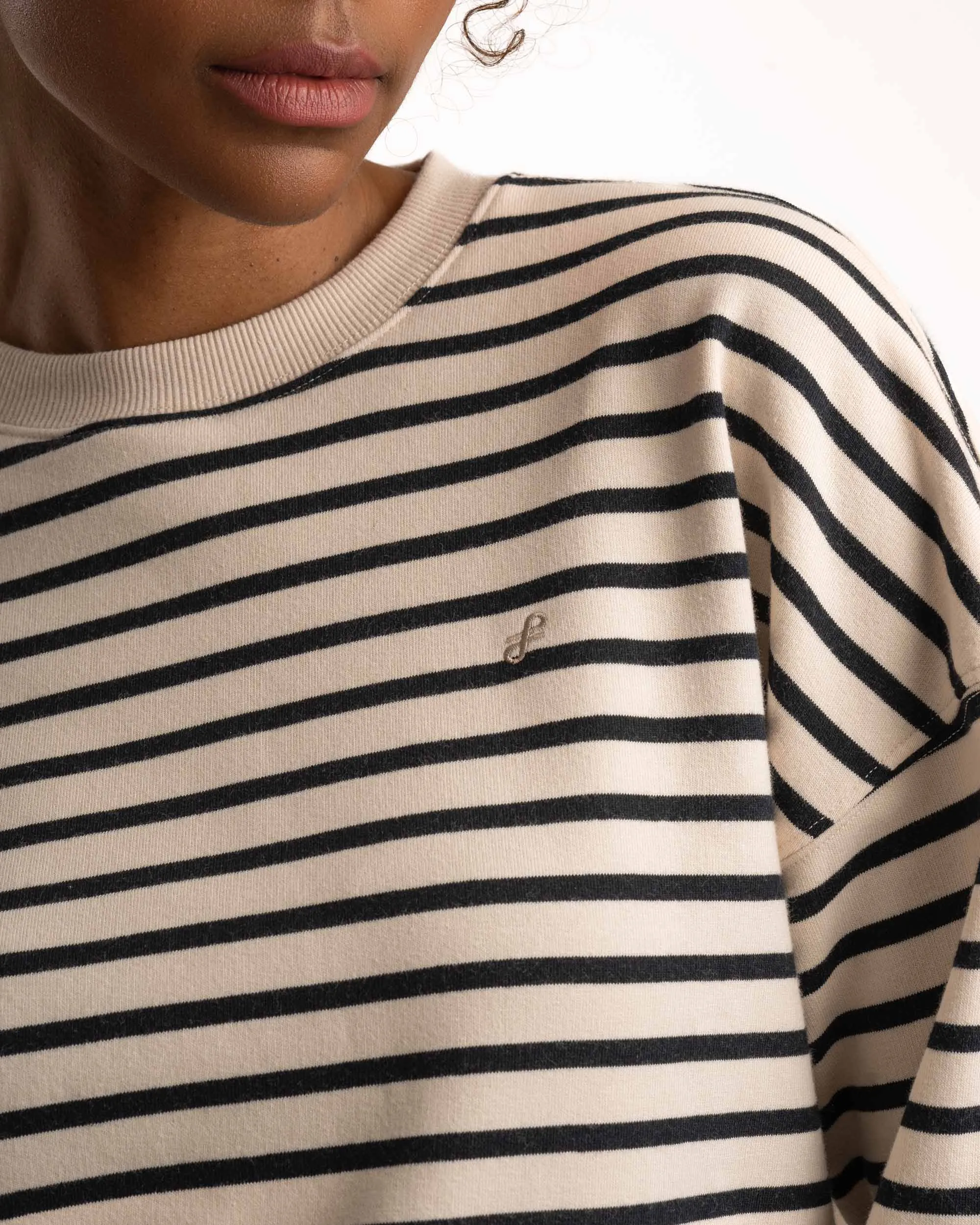 Ladies Crew Neck Stripe Sweater - Milk & Black