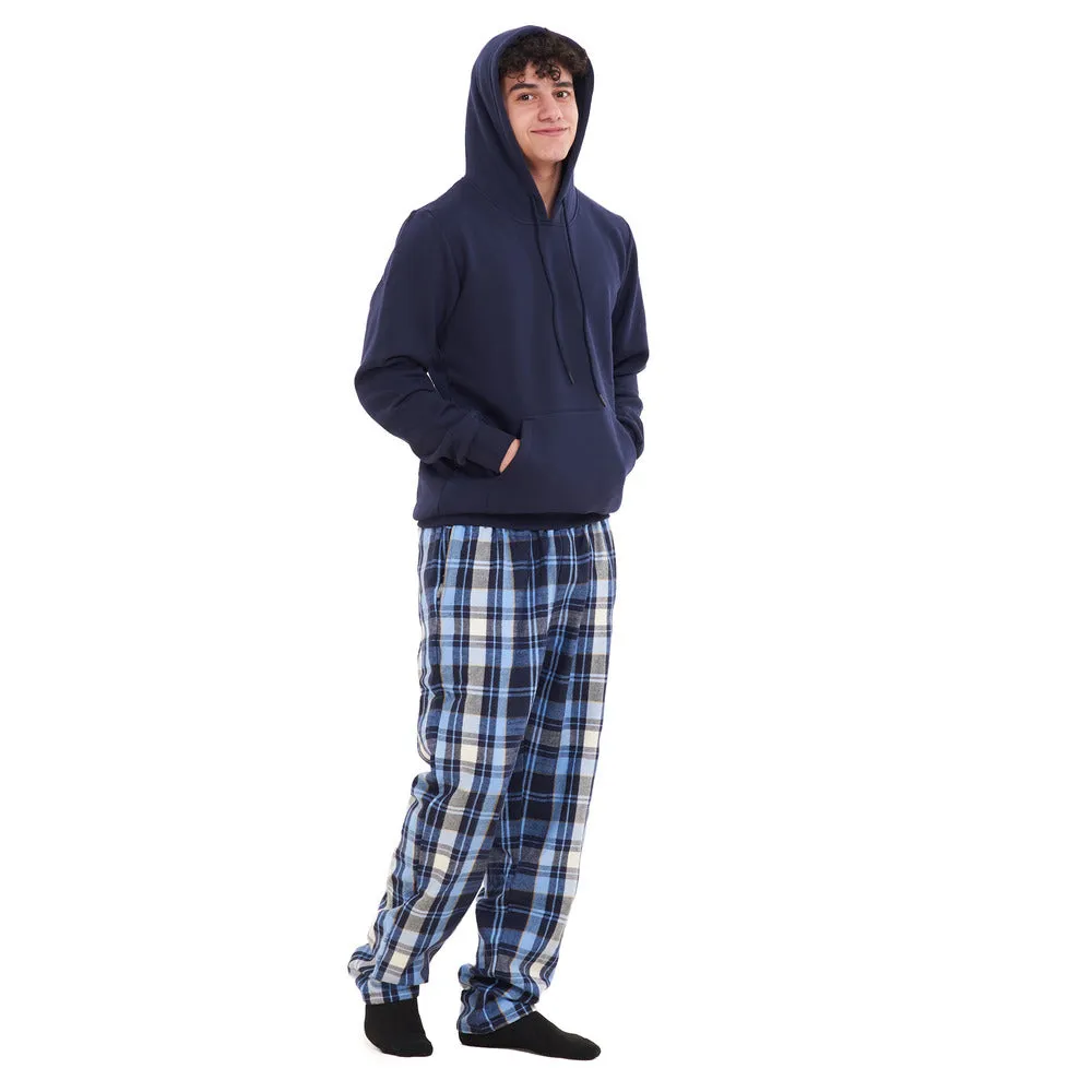 Men Winter Pajama Set Dark Blue Hoodie   Light Blue x Dark Blue Checkered Pants