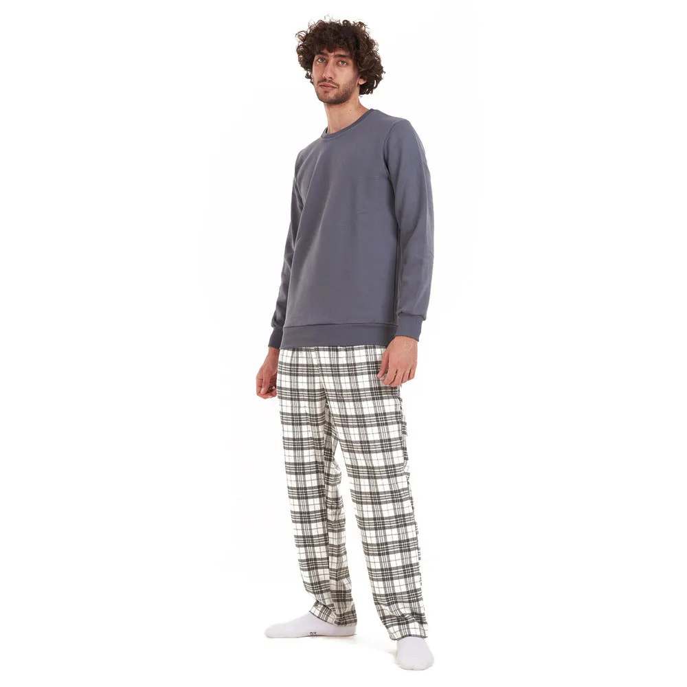 Men Winter Pajama Set Dark Grey Shirt   Grey Checkered Pants