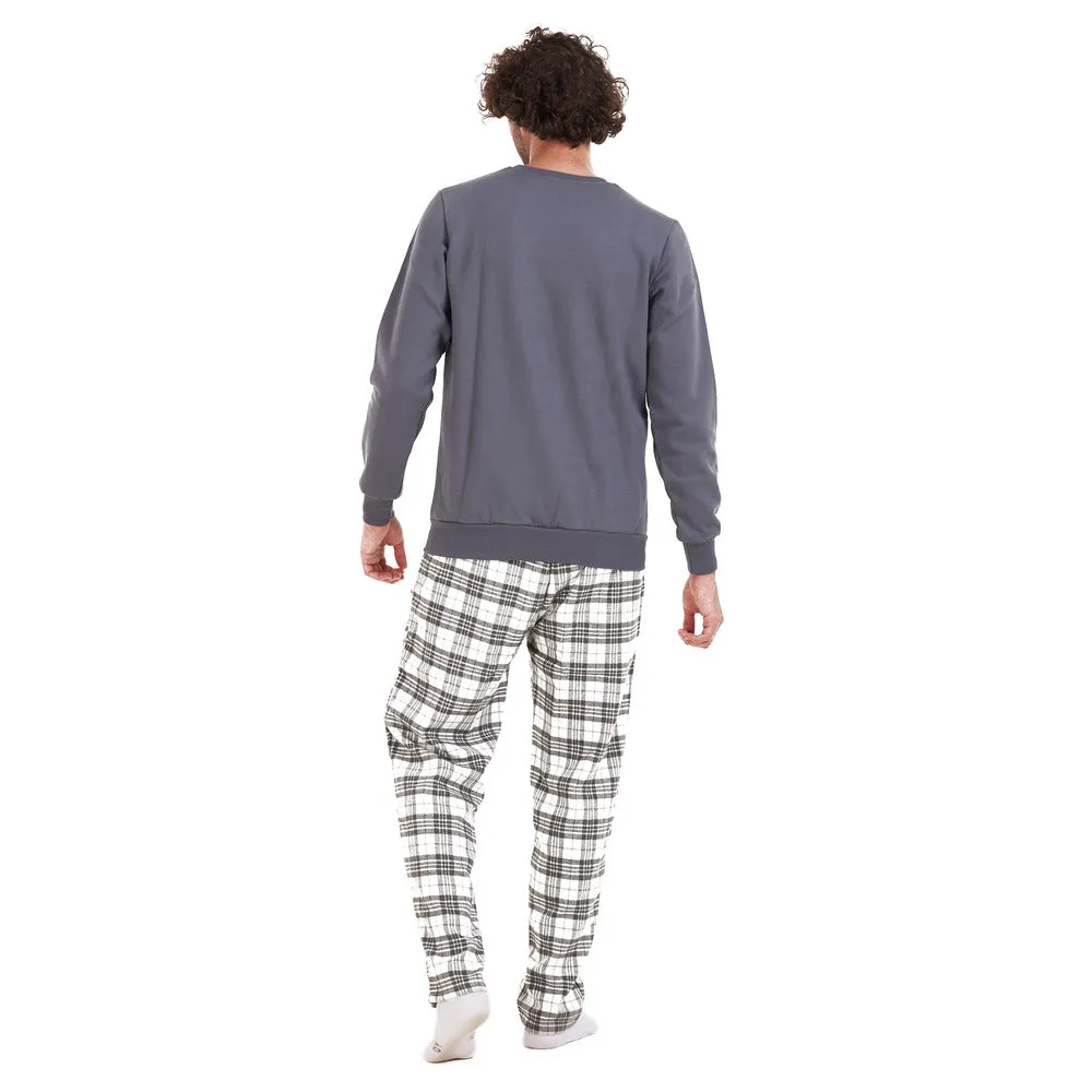 Men Winter Pajama Set Dark Grey Shirt   Grey Checkered Pants