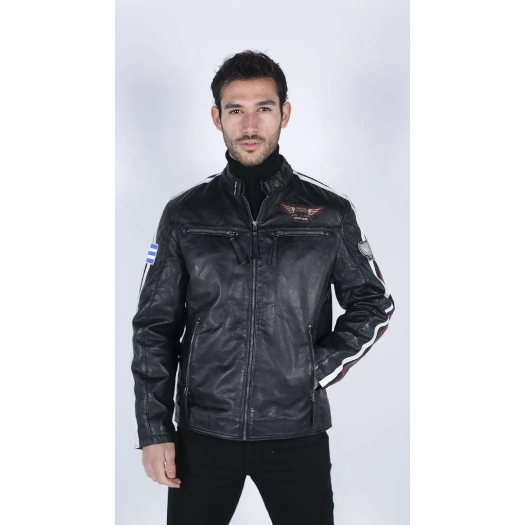 Mens Black Real Leather Racing Biker Jacket Zipped Short Red White Stripes Badge