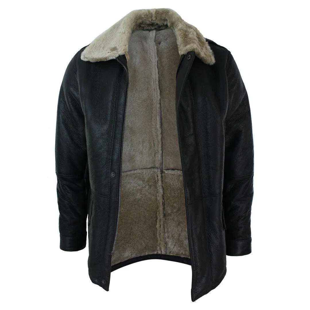 Mens Real Shearling Sheepskin 3/4 Overcoat Brown Beige Fur Warm Winter