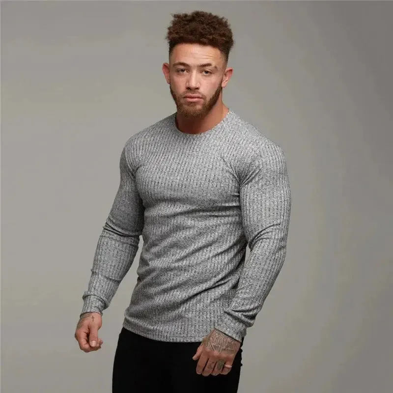 Men's T-Shirt Sweater O-Neck Slim Fit Knit wear Mens Long Sleeve Pullovers Tshirts Men Fitness Pull Homme