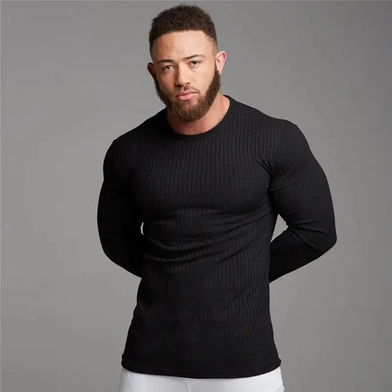 Men's T-Shirt Sweater O-Neck Slim Fit Knit wear Mens Long Sleeve Pullovers Tshirts Men Fitness Pull Homme