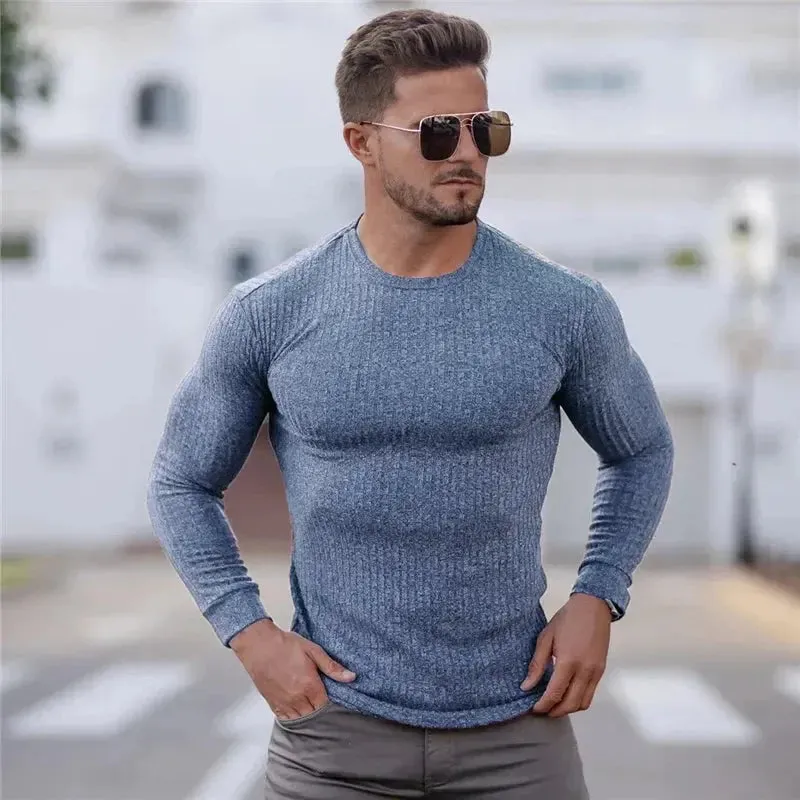 Men's T-Shirt Sweater O-Neck Slim Fit Knit wear Mens Long Sleeve Pullovers Tshirts Men Fitness Pull Homme