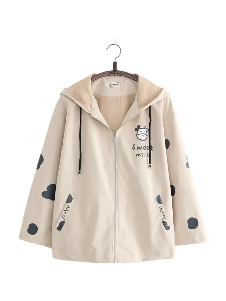 Metaversmall Women's Hooded Jacket Cartoon Dairy Cows Print Zipper Jackets Casual Pocket Harakuju Cute Outwear Coats 2024 Autumn Korean Tops