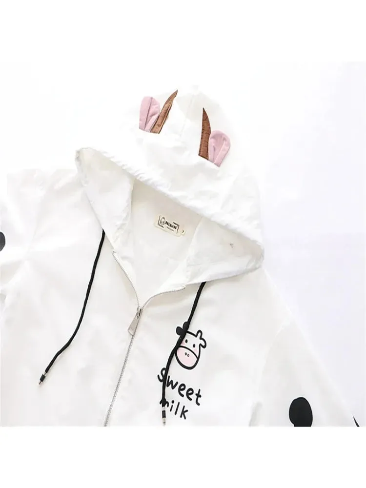 Metaversmall Women's Hooded Jacket Cartoon Dairy Cows Print Zipper Jackets Casual Pocket Harakuju Cute Outwear Coats 2024 Autumn Korean Tops