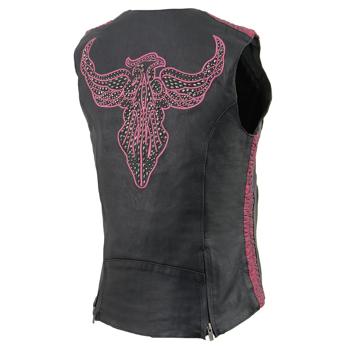 Milwaukee Leather MLL4570 Women's Studded Phoenix Black/Fuchsia Leather Motorcycle Vest w/ Embroidery Art