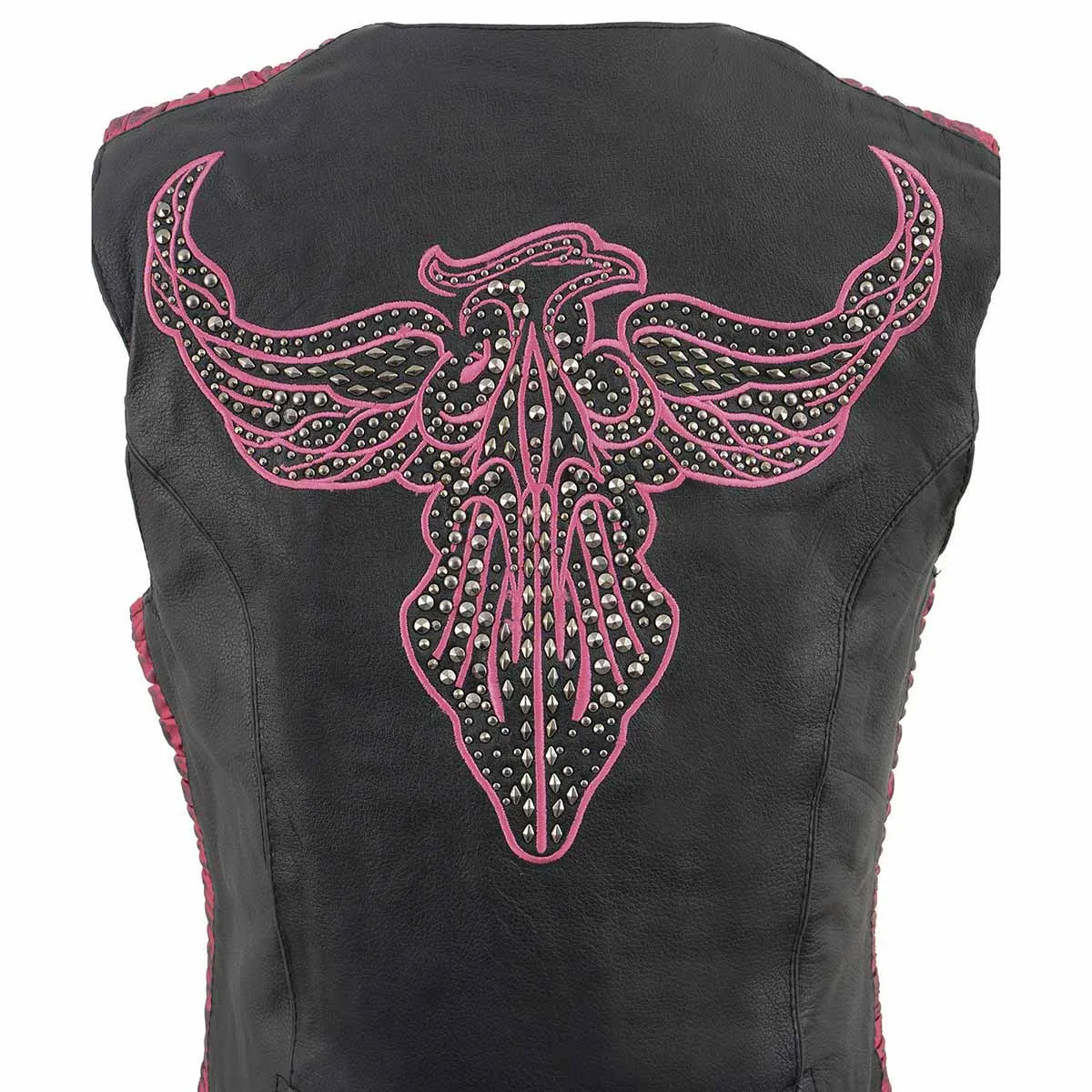 Milwaukee Leather MLL4570 Women's Studded Phoenix Black/Fuchsia Leather Motorcycle Vest w/ Embroidery Art