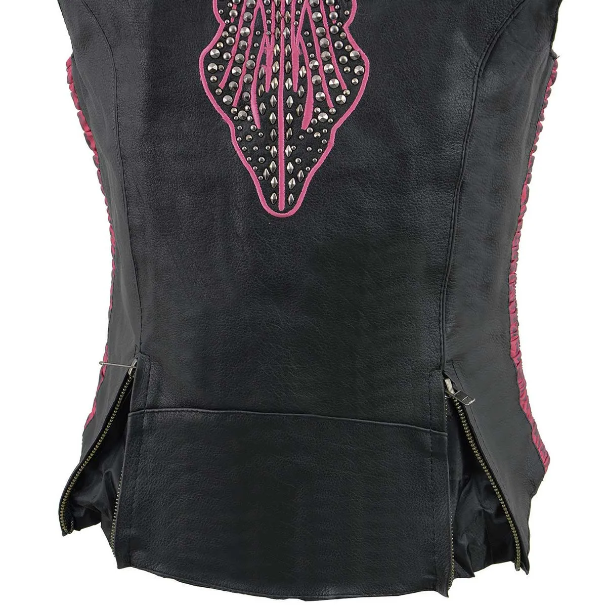 Milwaukee Leather MLL4570 Women's Studded Phoenix Black/Fuchsia Leather Motorcycle Vest w/ Embroidery Art