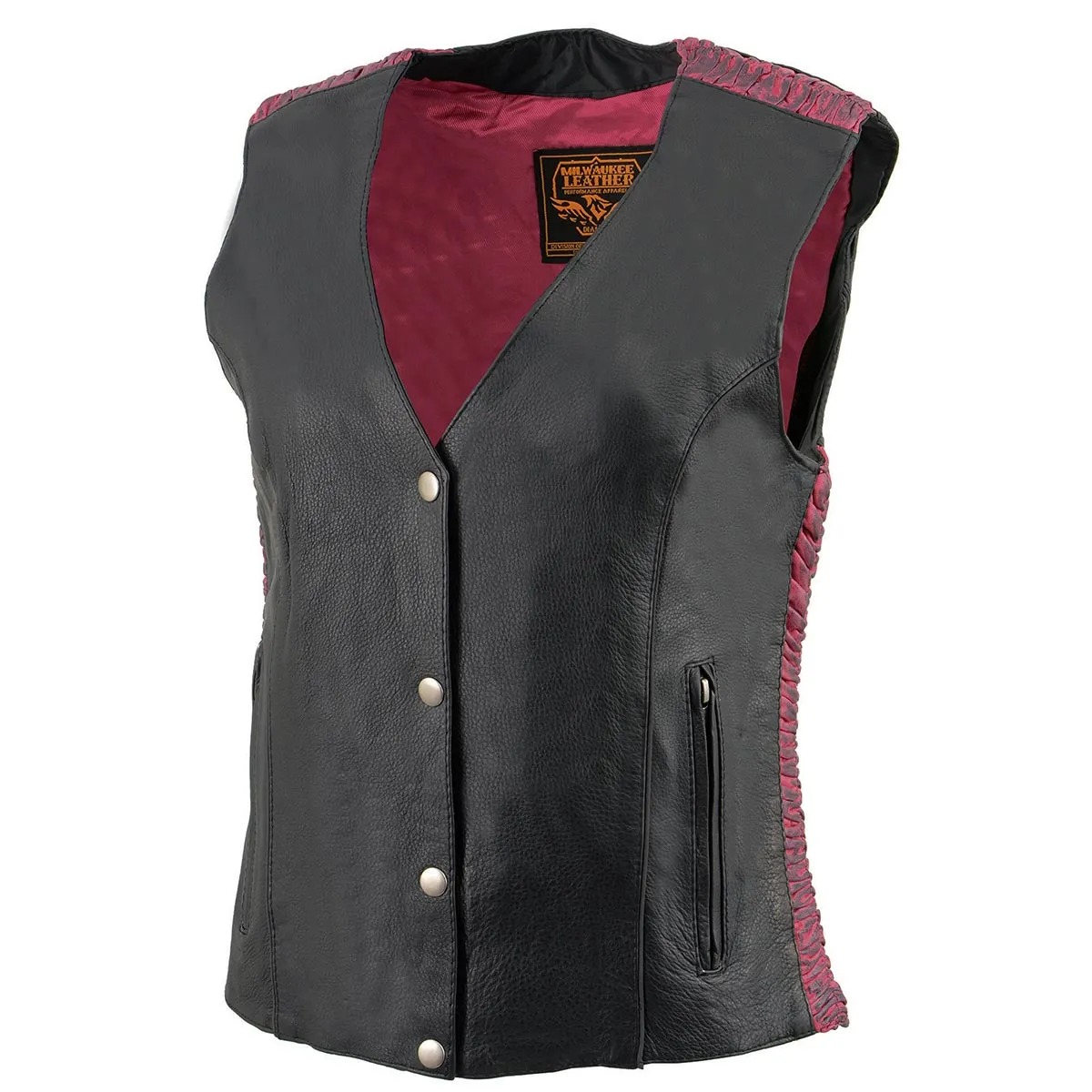 Milwaukee Leather MLL4570 Women's Studded Phoenix Black/Fuchsia Leather Motorcycle Vest w/ Embroidery Art