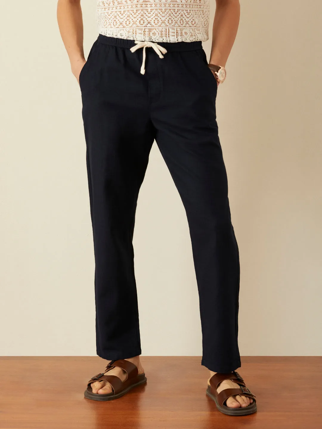 Navy Blue Plain Loose Pants