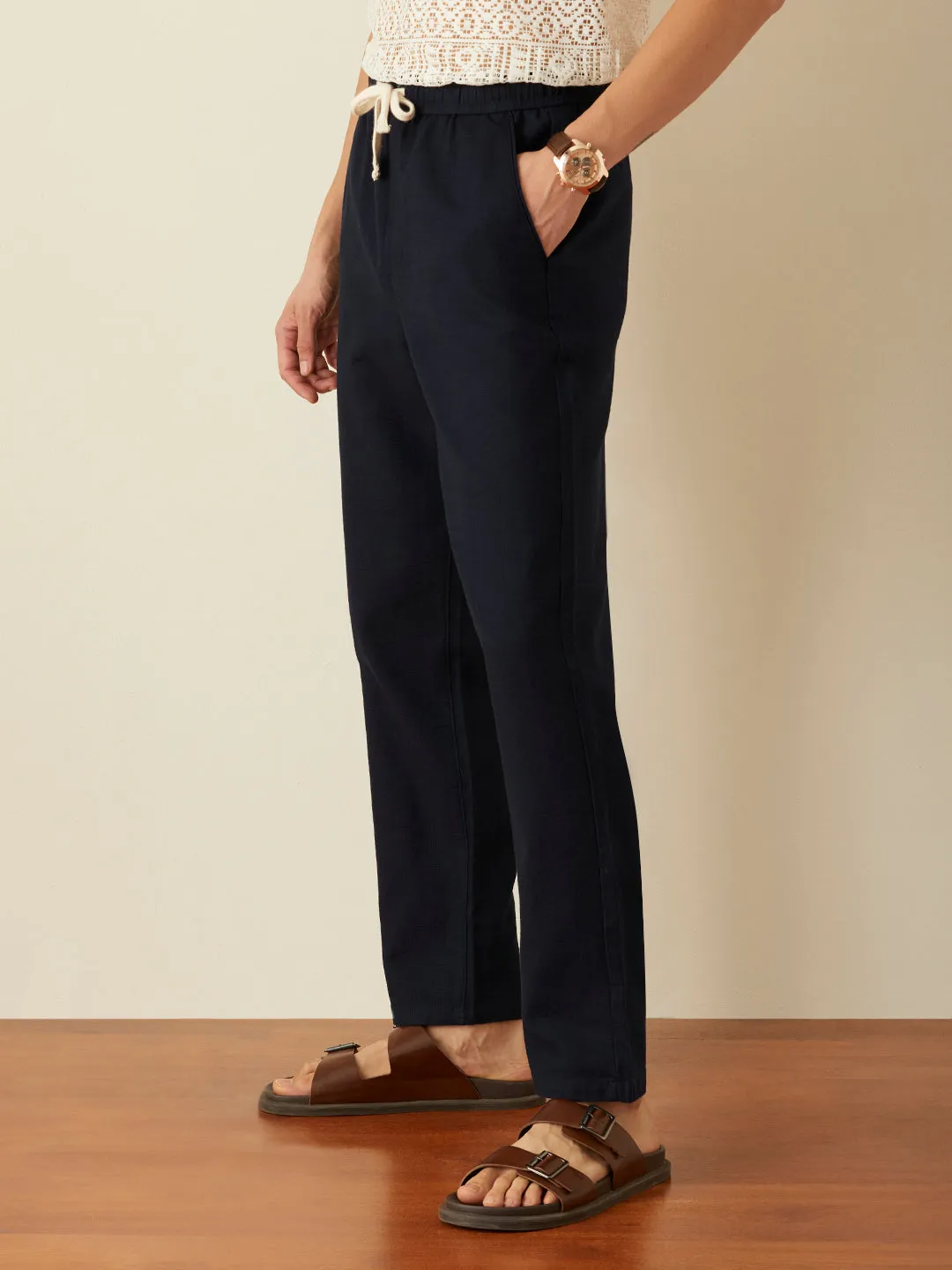 Navy Blue Plain Loose Pants