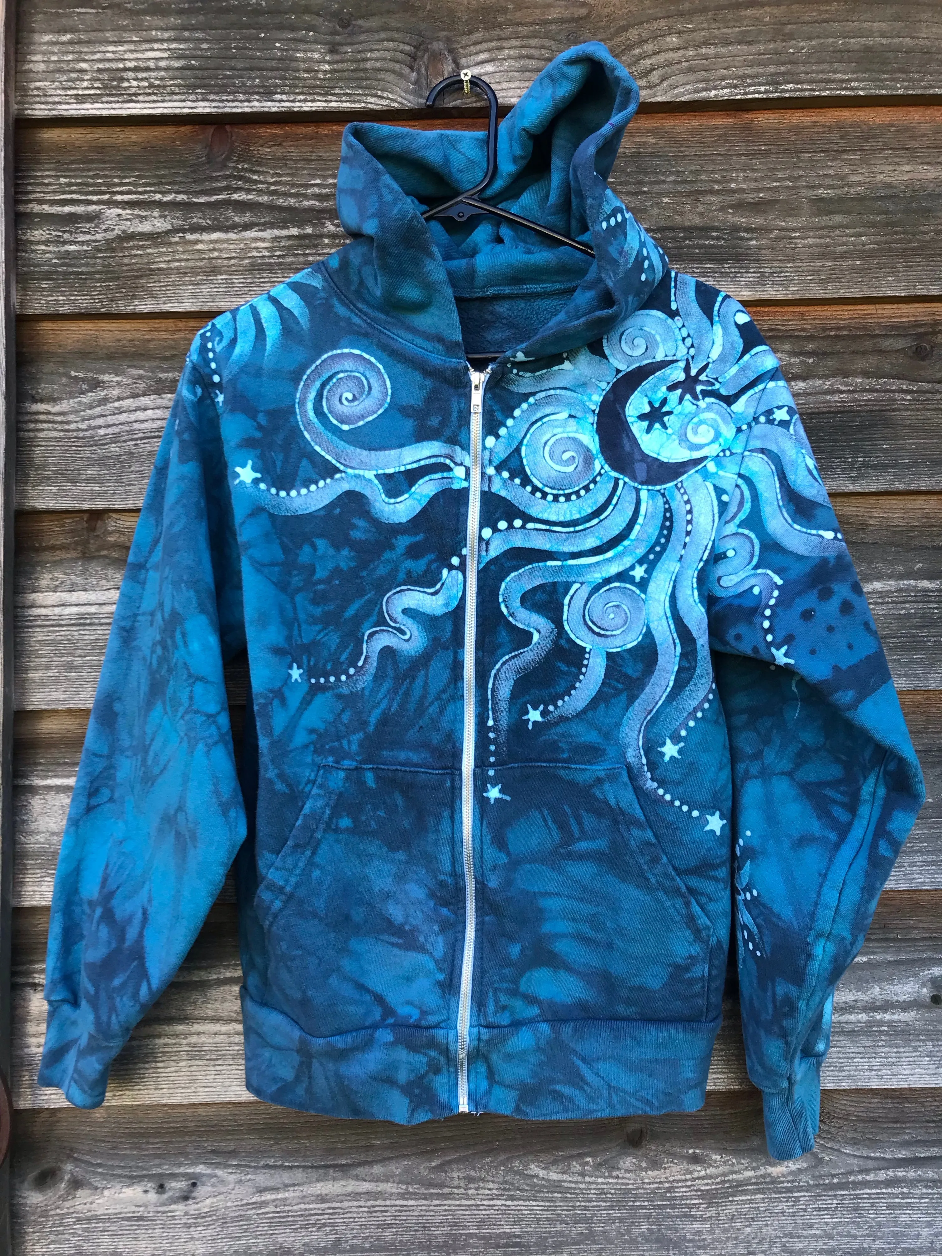 Ocean Blue Moon Handcrafted Batik Zipper Hoodie - Size XS