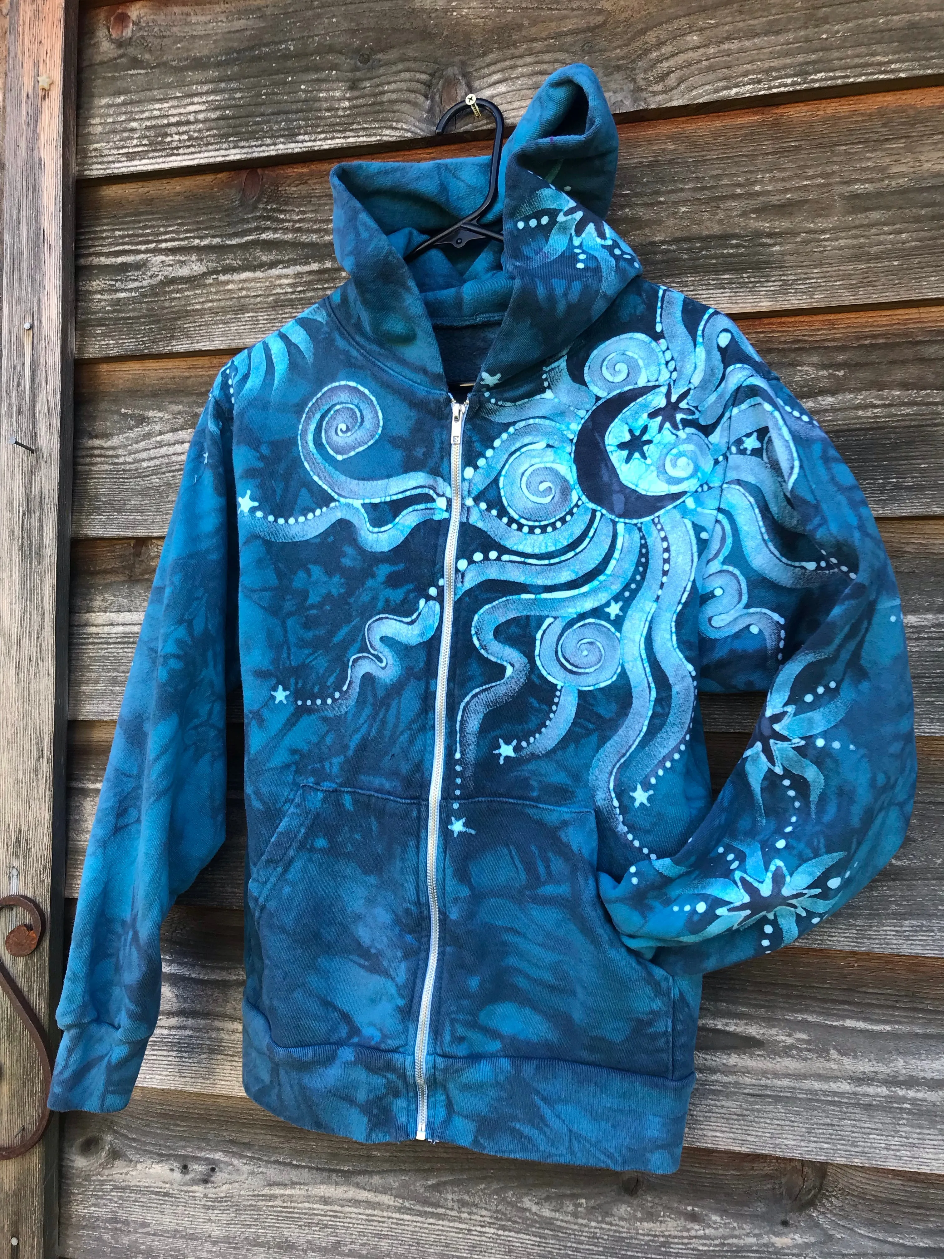 Ocean Blue Moon Handcrafted Batik Zipper Hoodie - Size XS