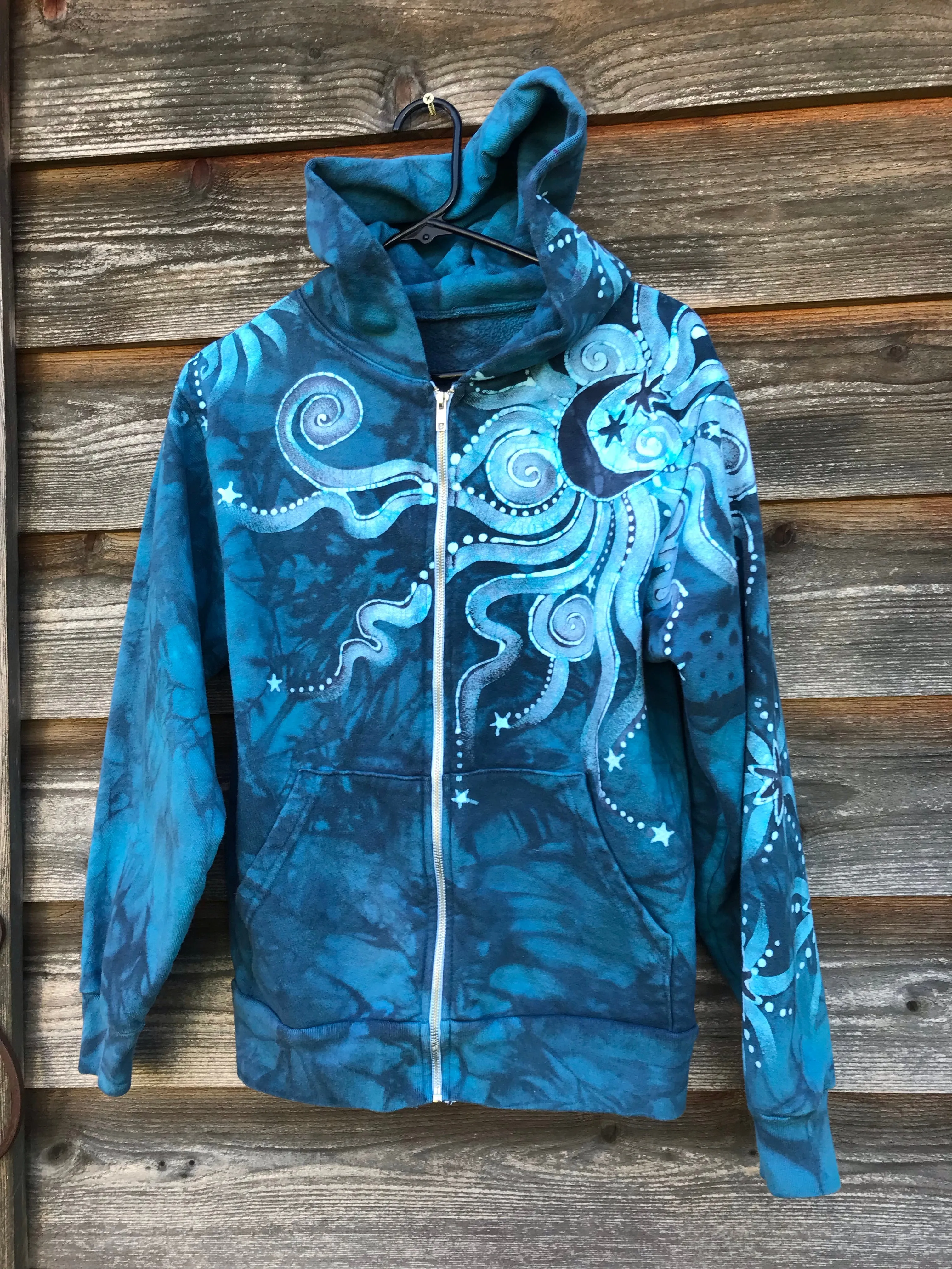 Ocean Blue Moon Handcrafted Batik Zipper Hoodie - Size XS