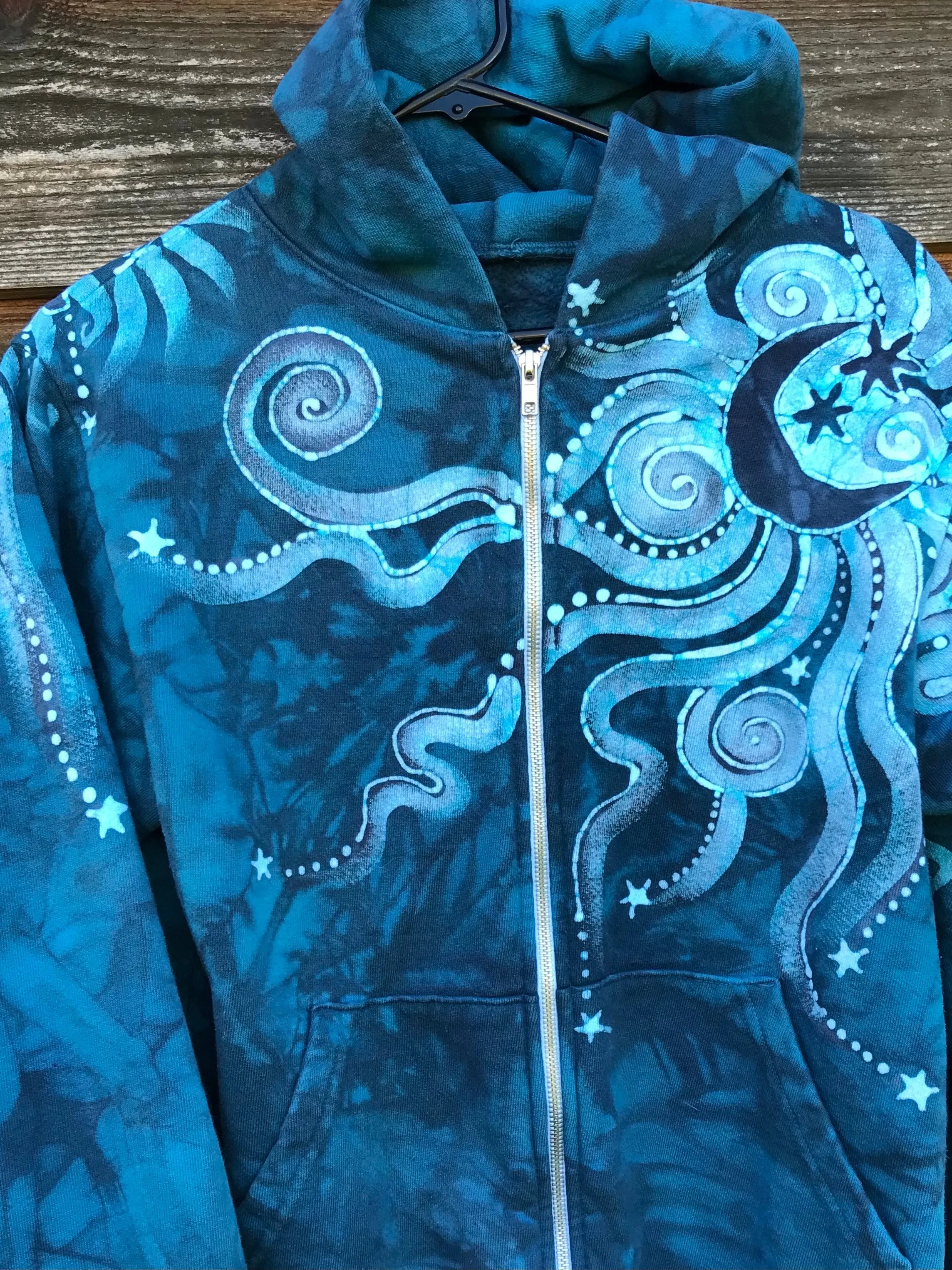 Ocean Blue Moon Handcrafted Batik Zipper Hoodie - Size XS