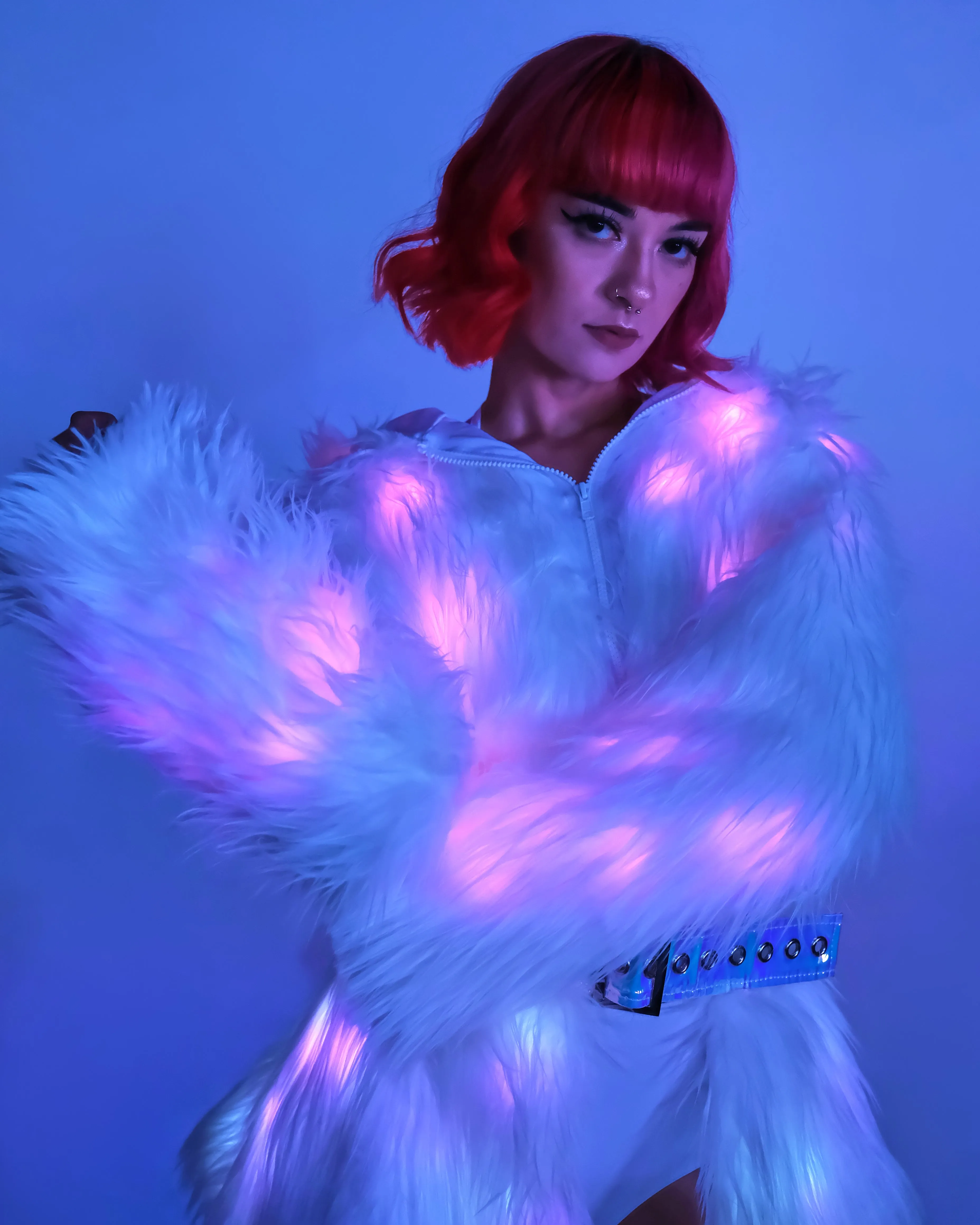 Pink LED White Furry Cropped Hooded Jacket