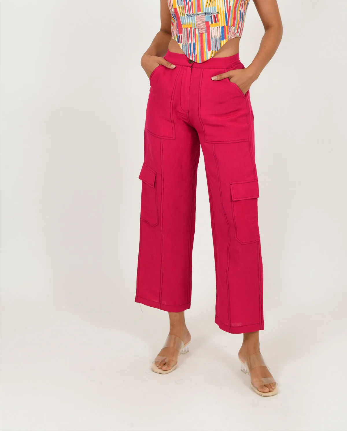 Pink Linen Cargo Pants