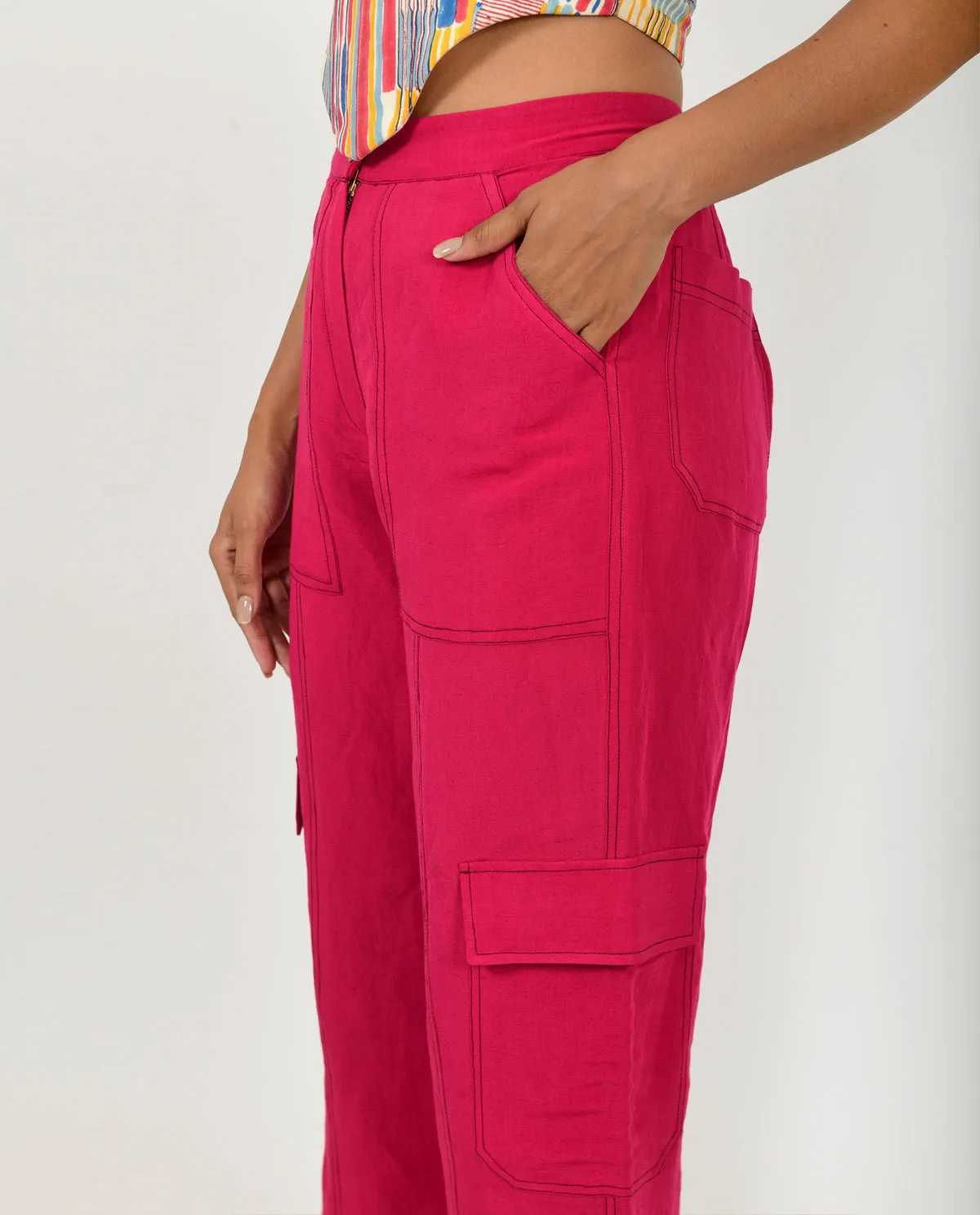 Pink Linen Cargo Pants