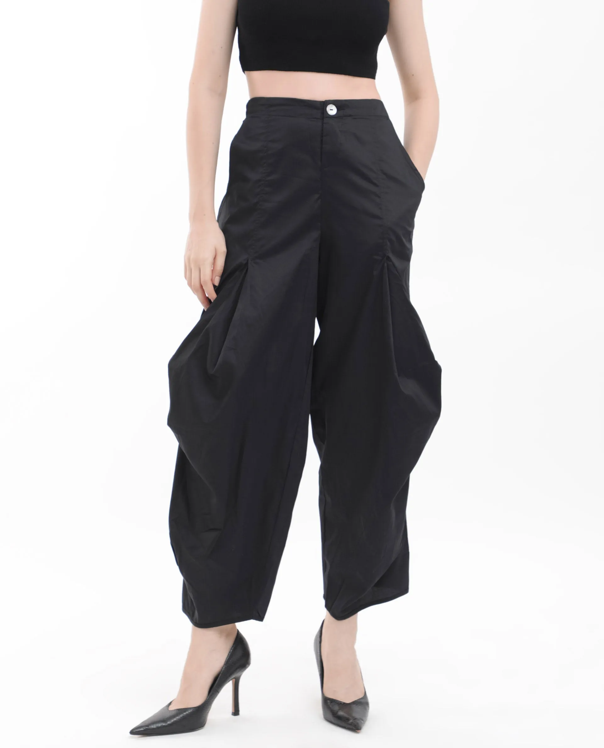 Rareism Women Colema Black Cotton Fabric Button Closure Relaxed Fit Plain Ankle Length Trousers