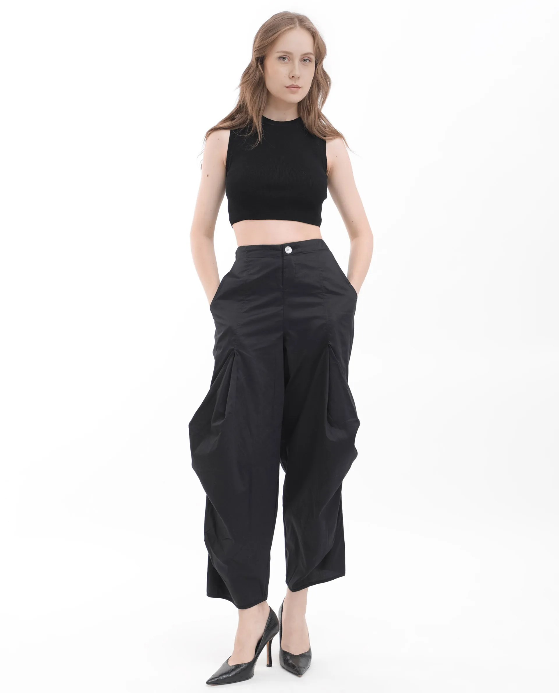 Rareism Women Colema Black Cotton Fabric Button Closure Relaxed Fit Plain Ankle Length Trousers