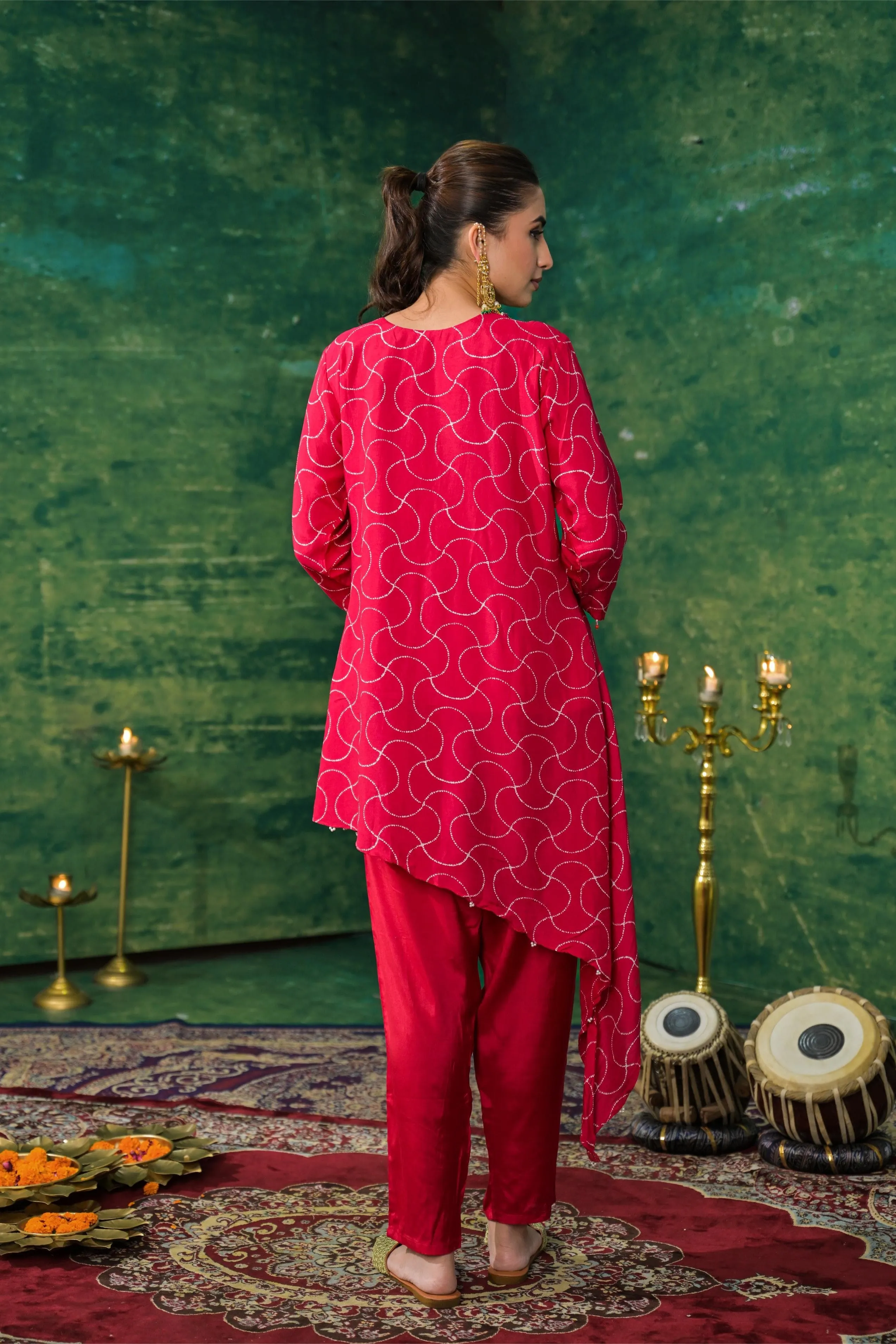 Red Printed German Silk Kurta Set