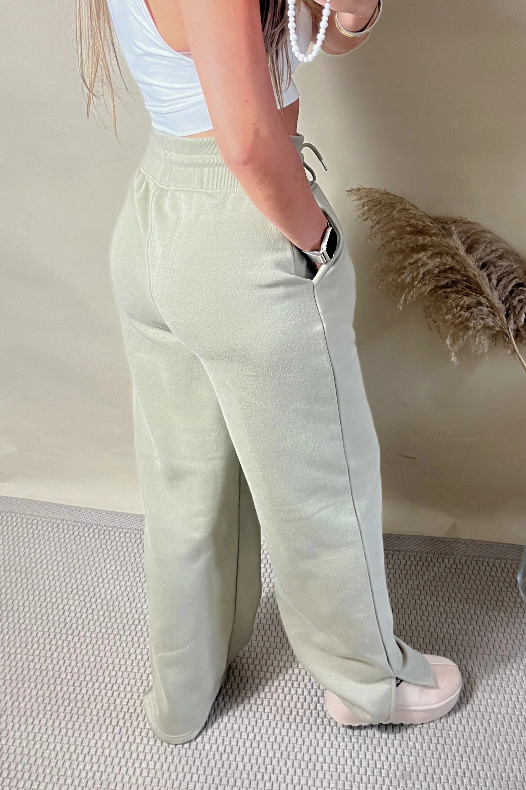 Sage Green Wide Leg Split Hem Jogger