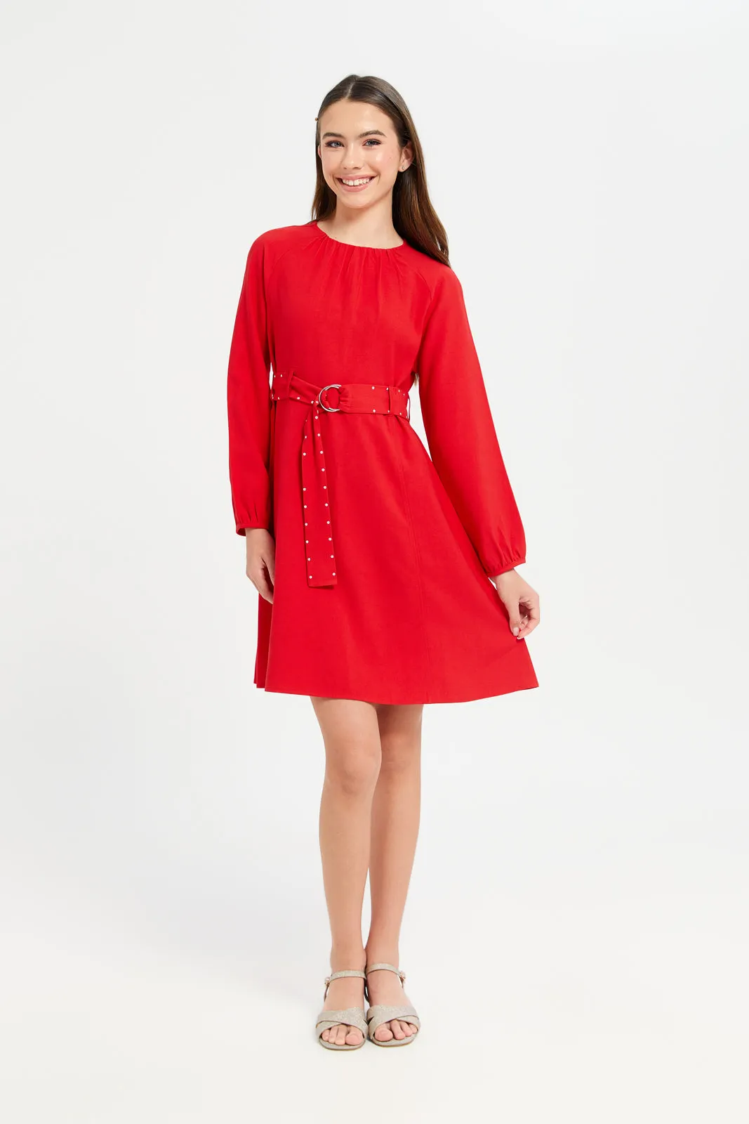 Senior Girls Red Long Sleeve Twill Dress With Studded Belt